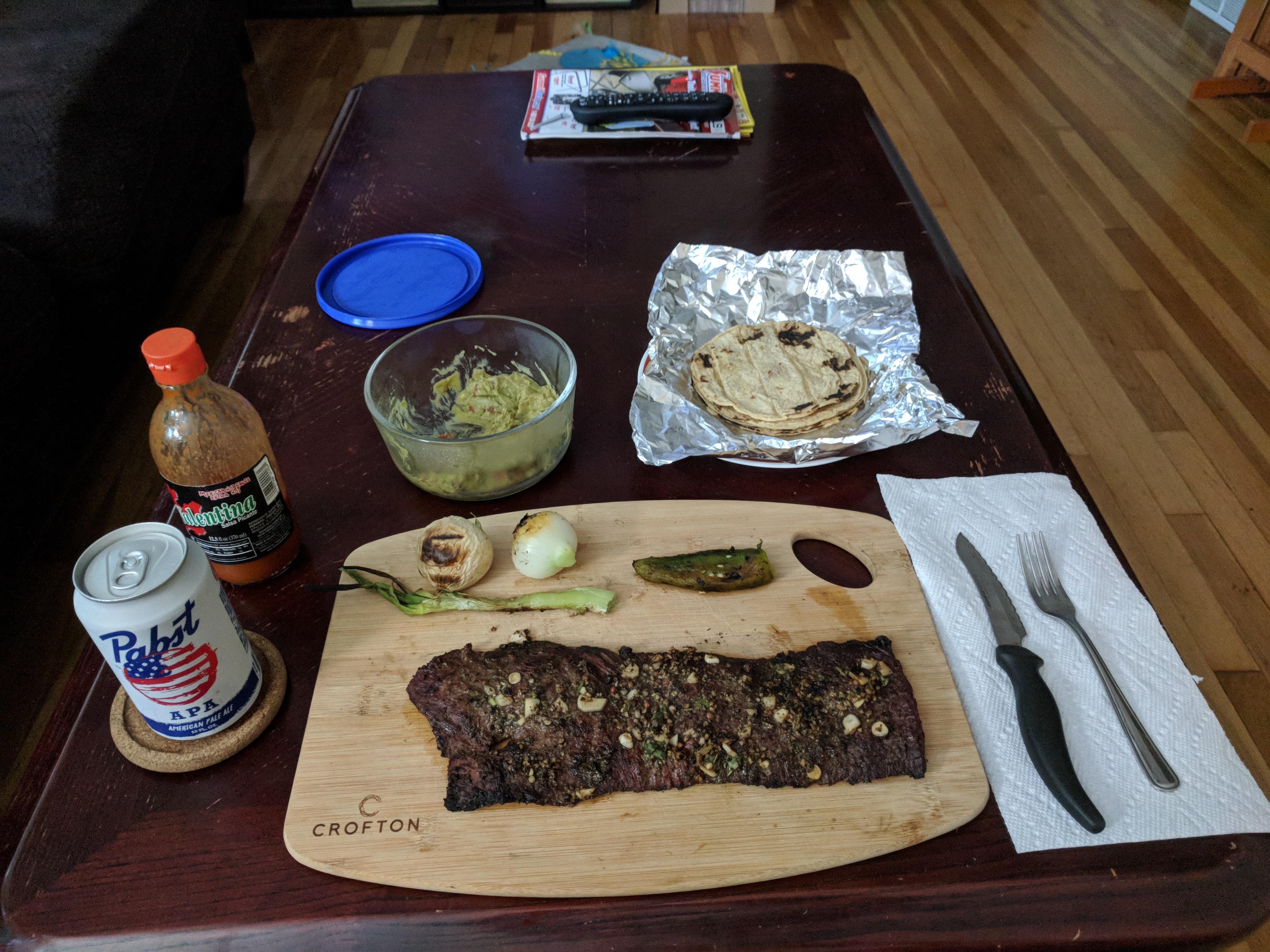 [Homemade] Grilled skirt steak, green onions, jalapenos, tortillas, and