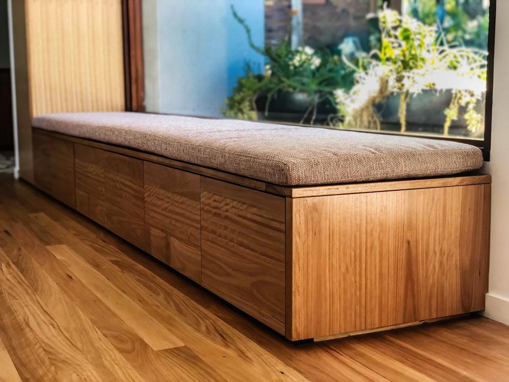 Handmade oak seating and built in drawers sofa. Made for a client