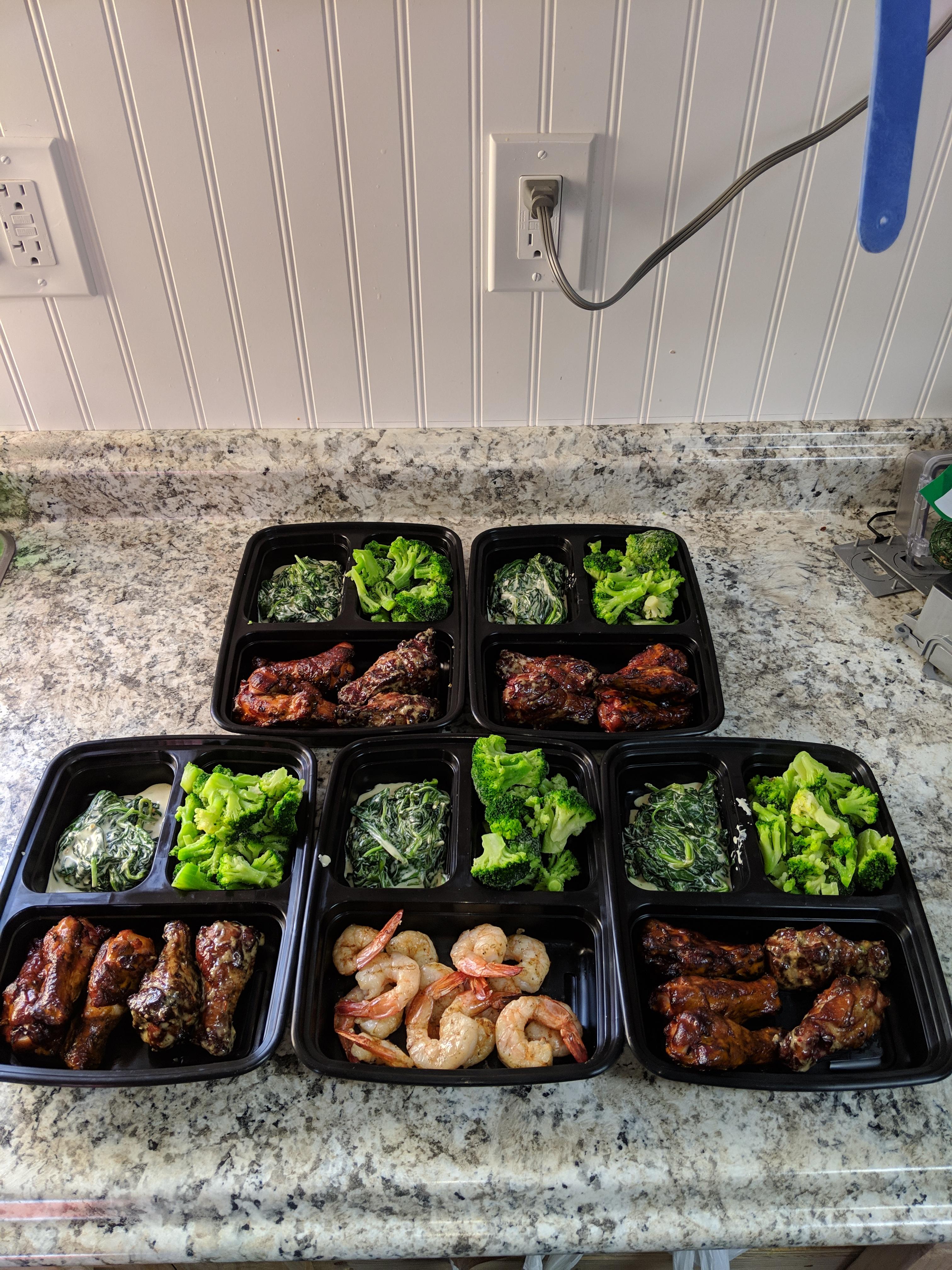 Keto Meal Prep Smoked wings/grilled shrimp, creamed spinach, and