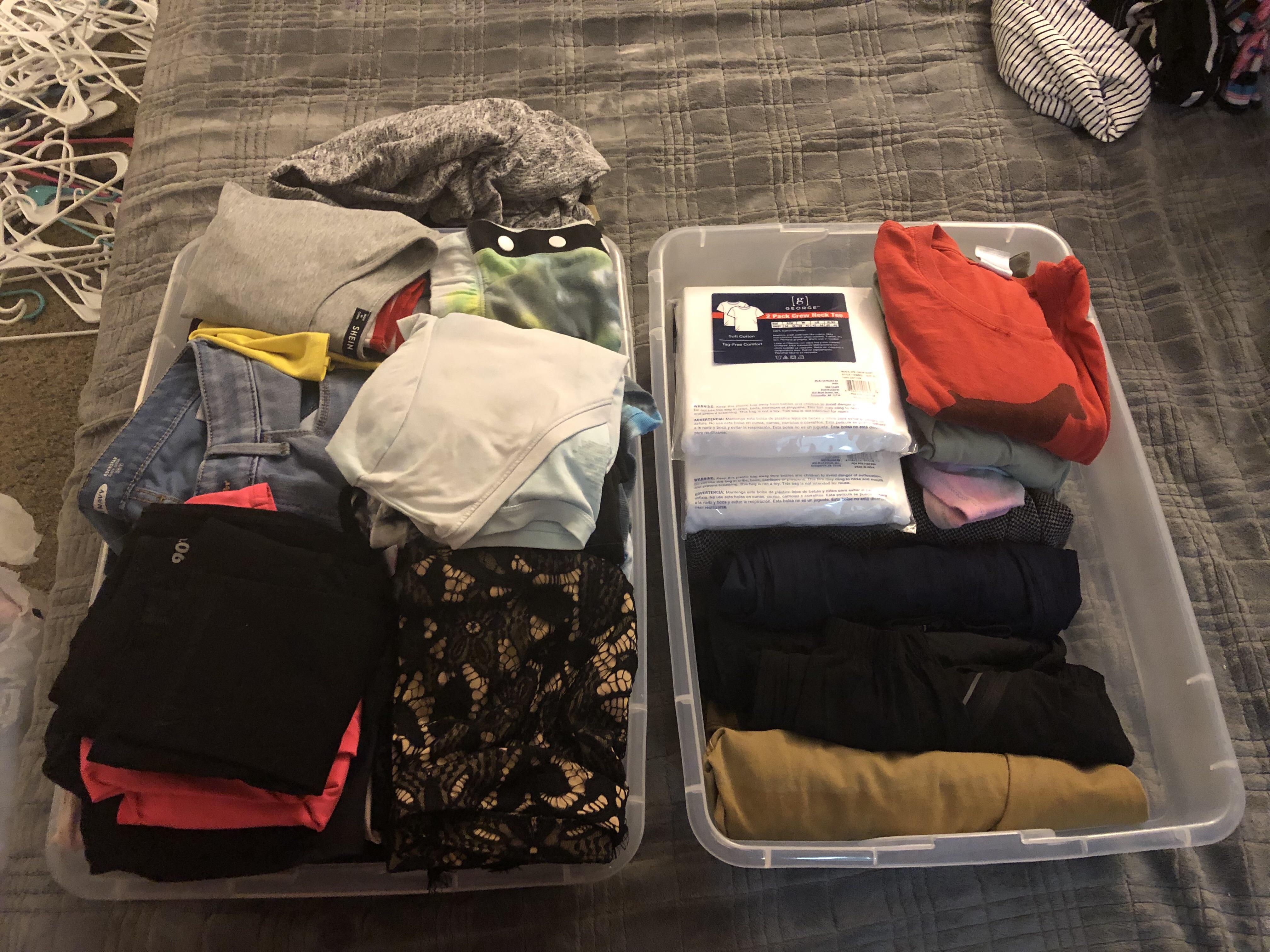 Minimizing for van life. His and hers. She’s trying, but her bin still