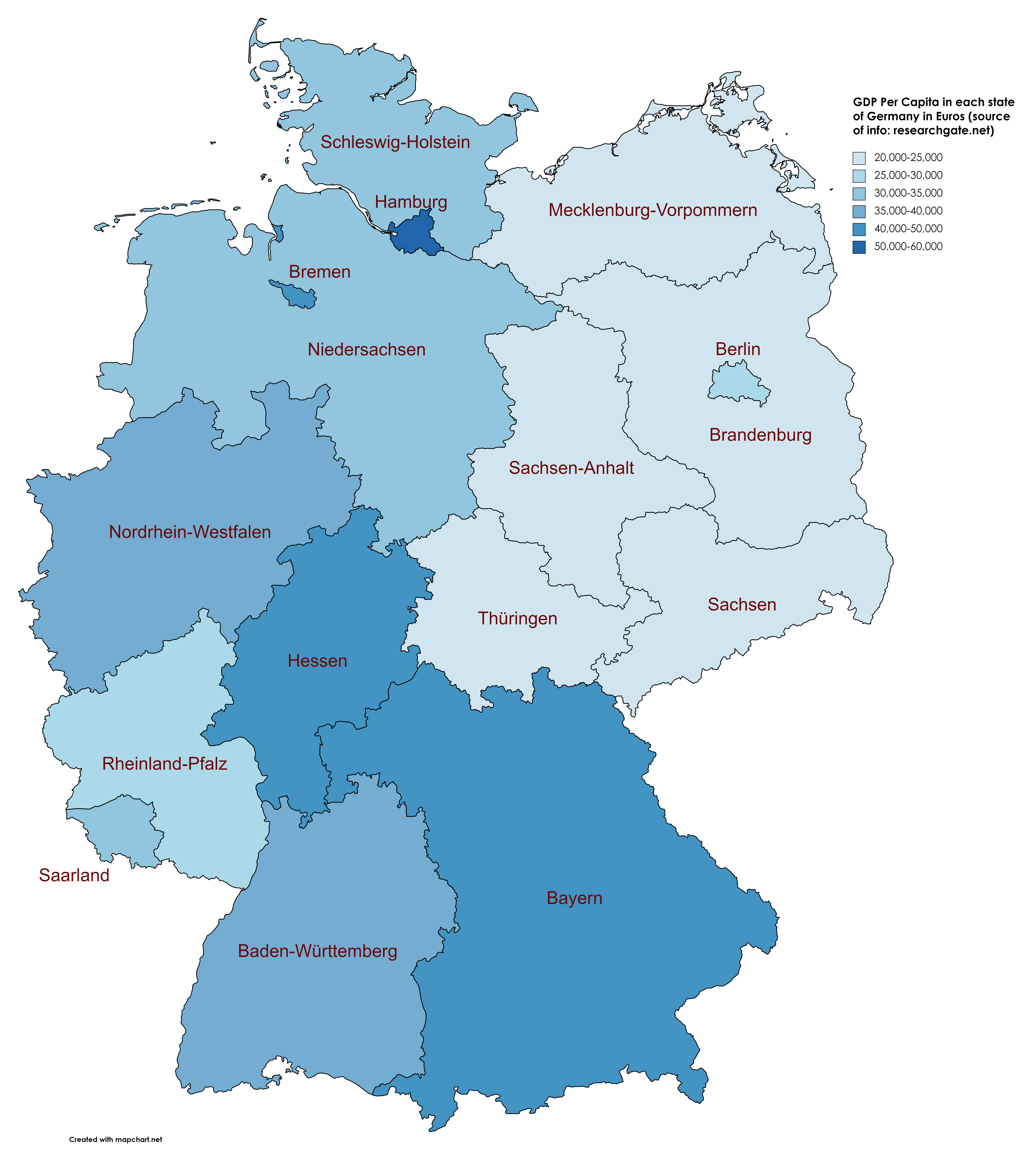GDP Per Capita in each state of Germany r/MapPorn