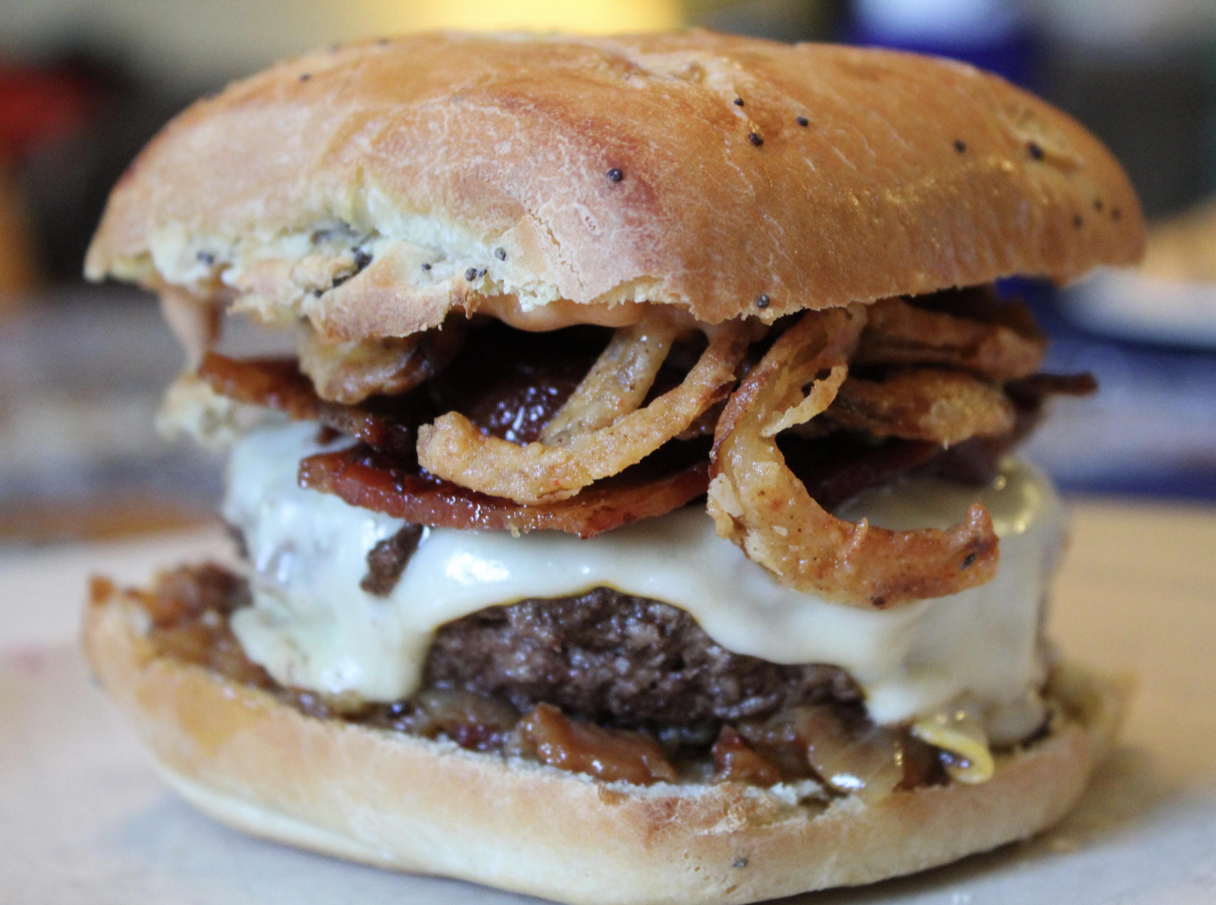 The "Onion Top of Ole Smokey Burger" Homemade bacon chutney, home
