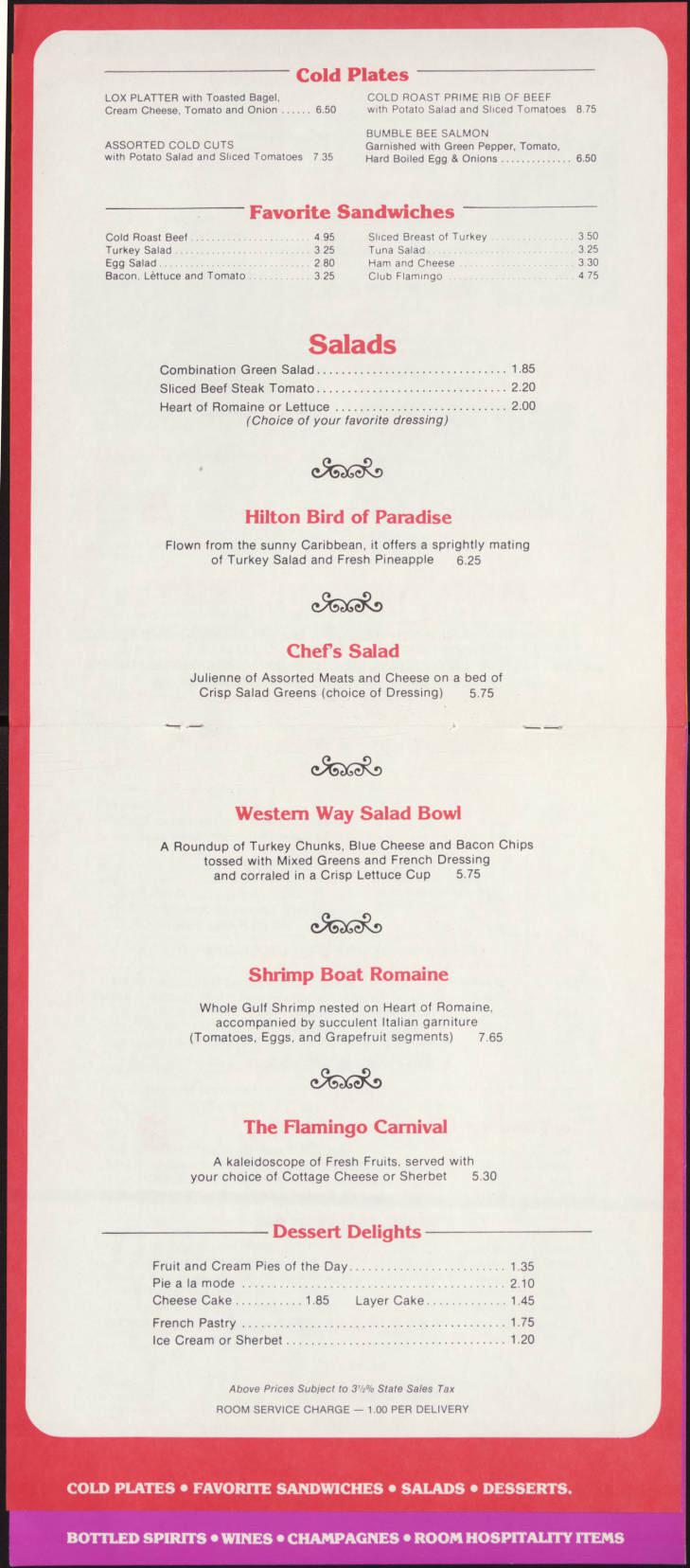 Flamingo Hilton Hotel and Casino, limited room service food menu due to