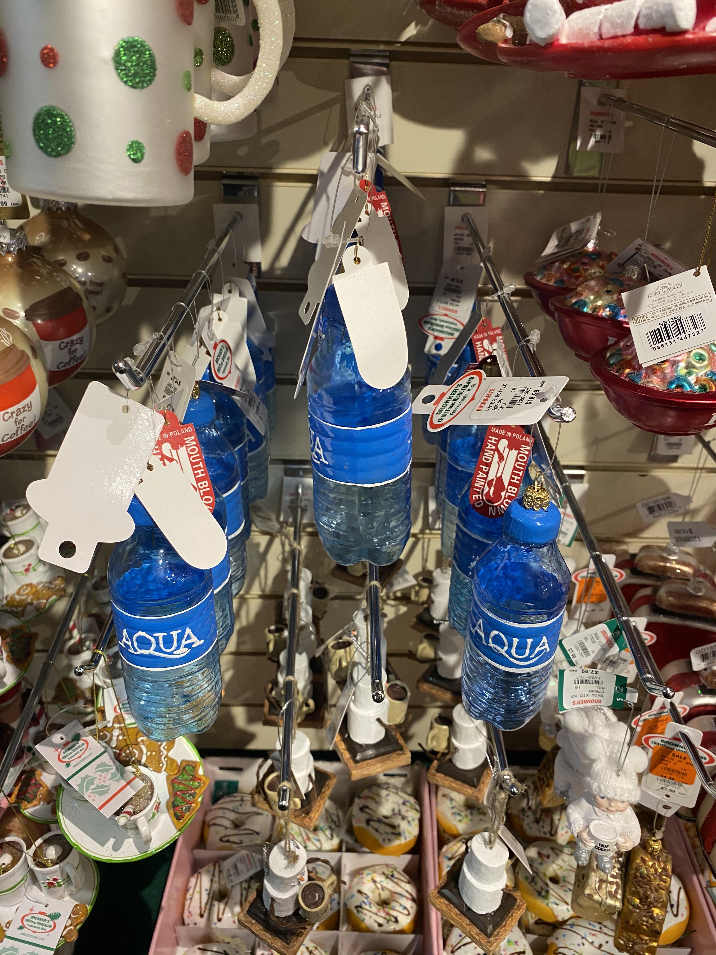 Glass water bottle Christmas ornaments at Bronner’s in Frankenmuth, MI