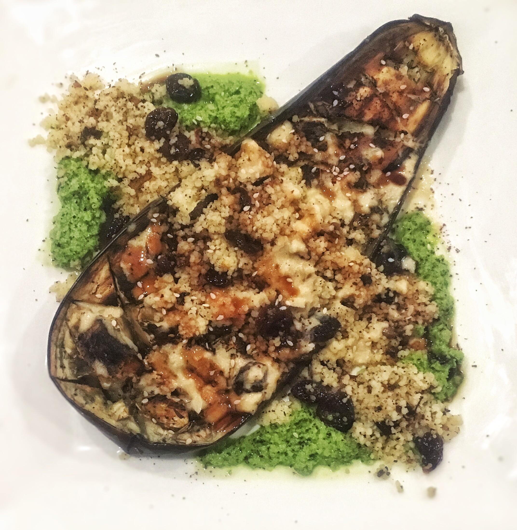 [Homemade] fire roasted eggplant, jeweled couscous with sumac spiced