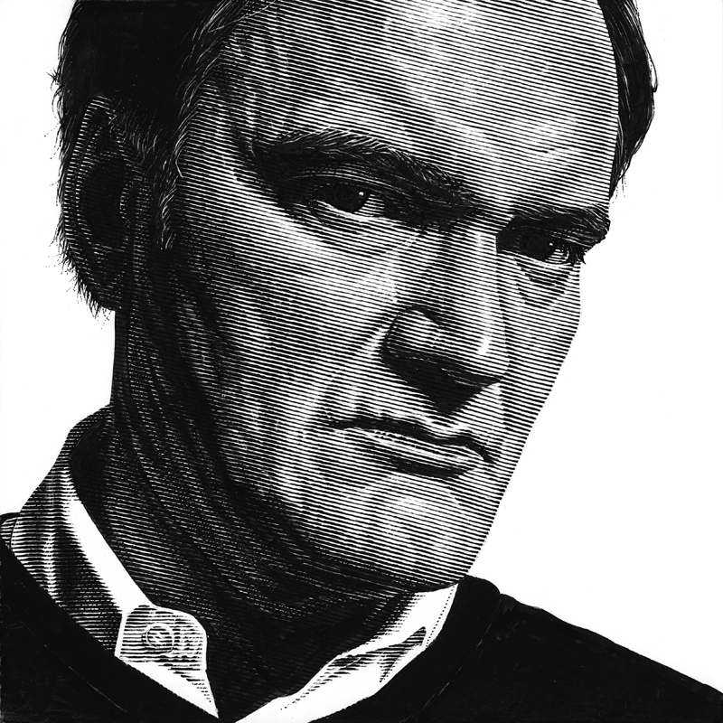 Quentin Tarantino, ink on scratchboard, 6x6" r/Art