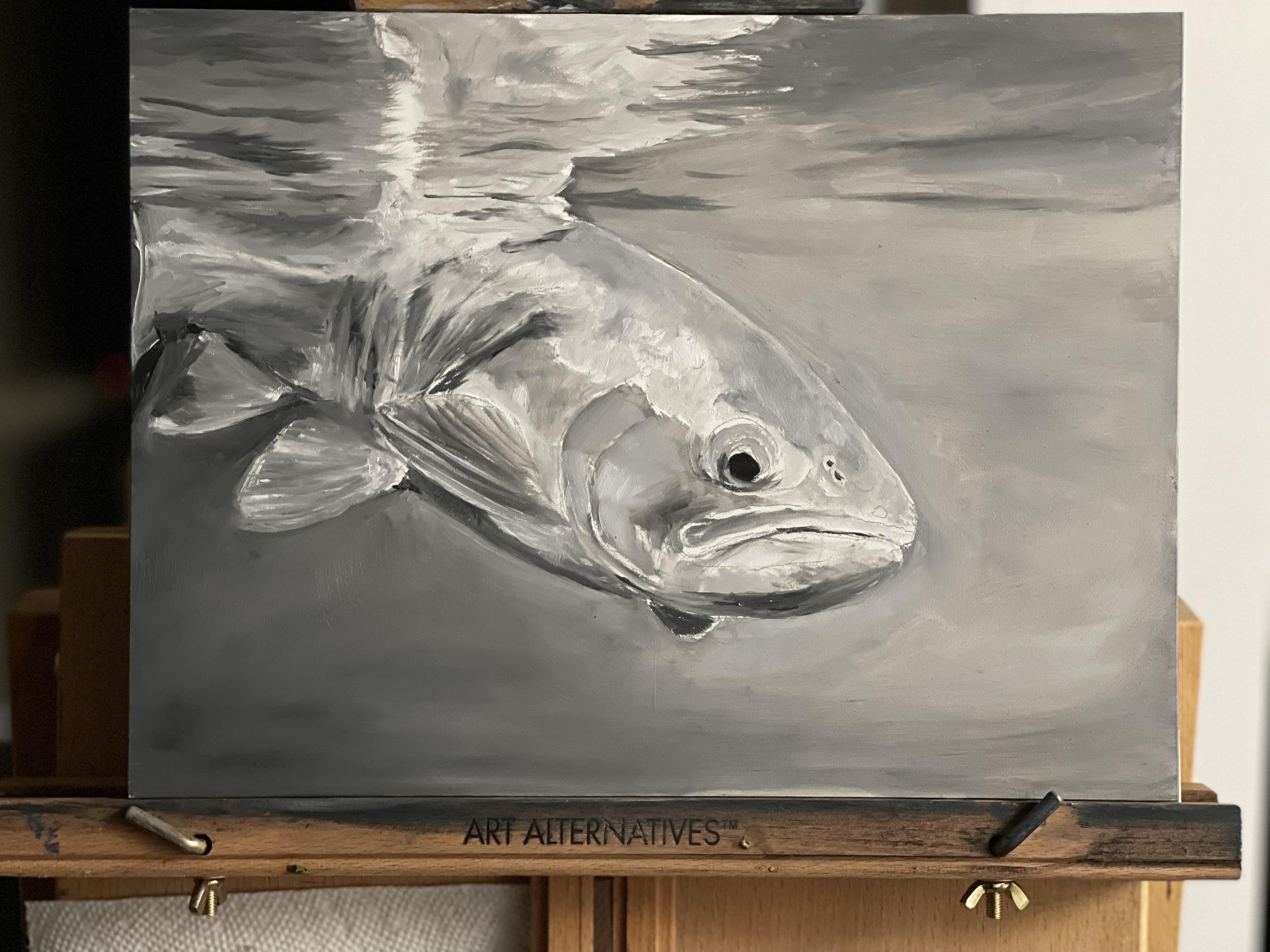 Oil painting work in progress. Monochromatic underpainting shown here