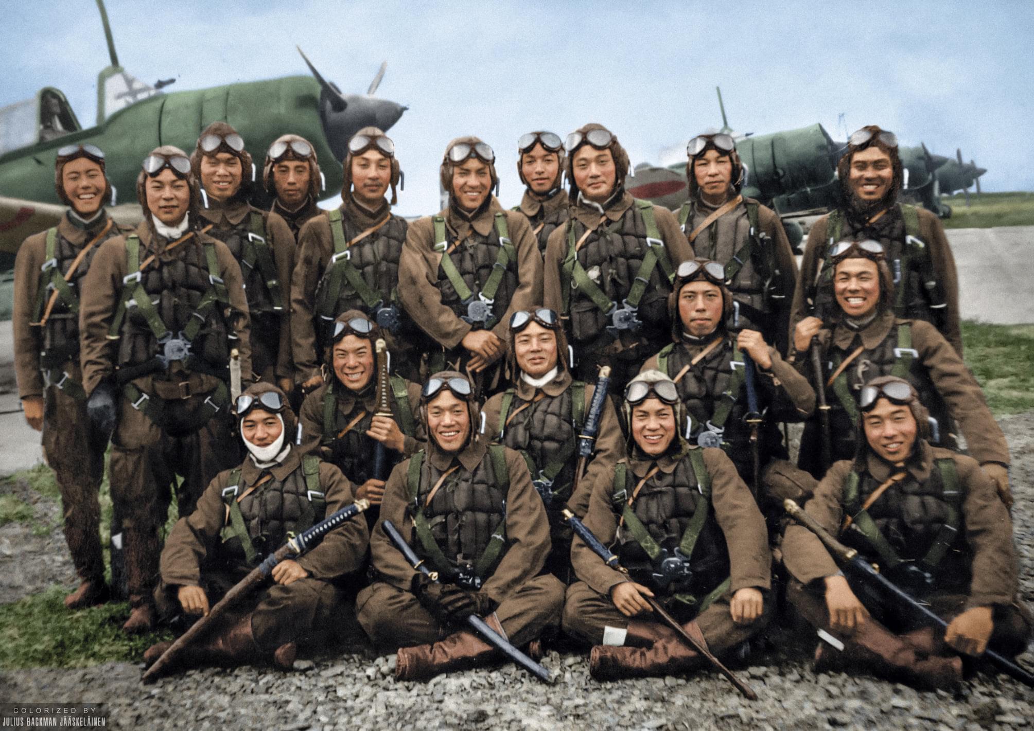 Group photo of Japanese Kamikaze pilots at Chōshi airfield, Japan, November 1944. Only 1 of the