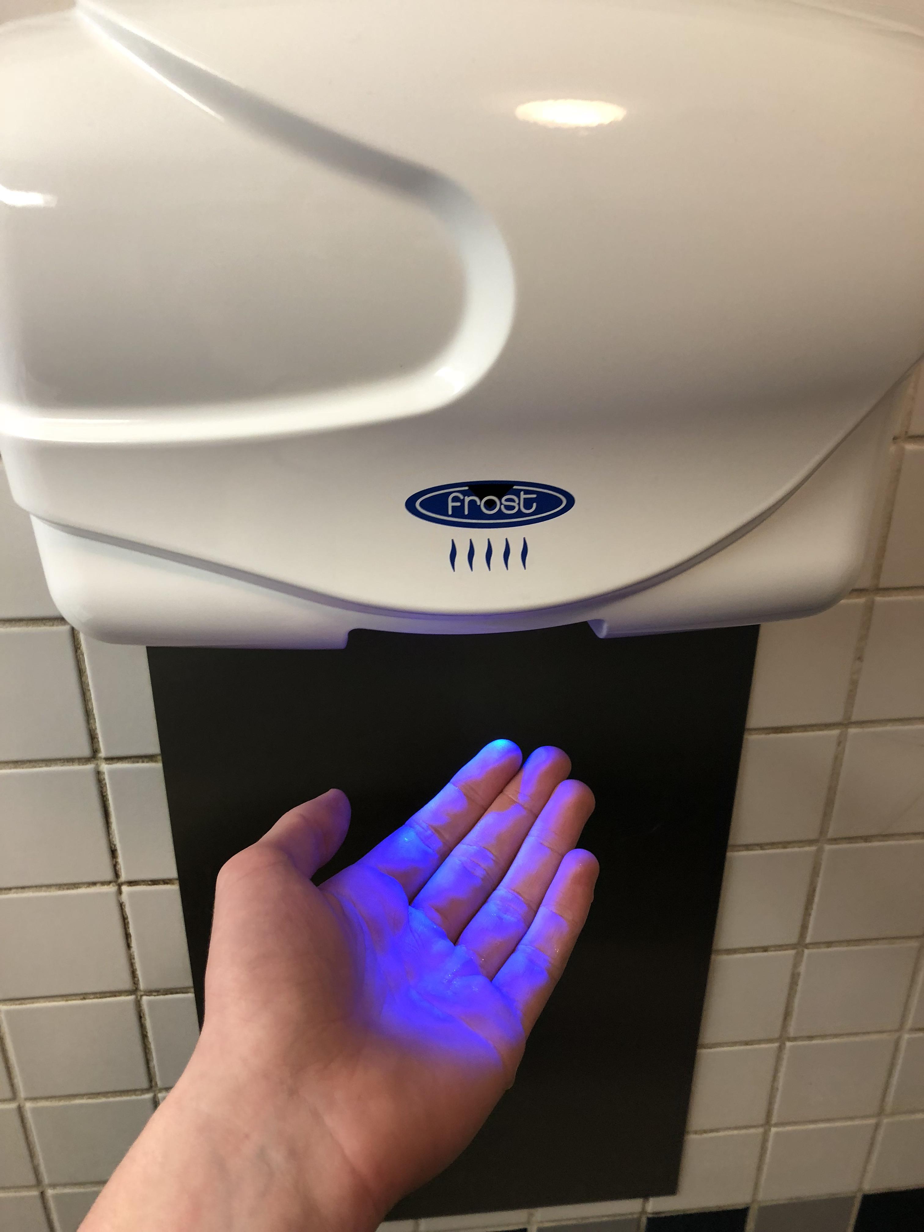 This hand dryer has a black light so you can see dirt on your hand r