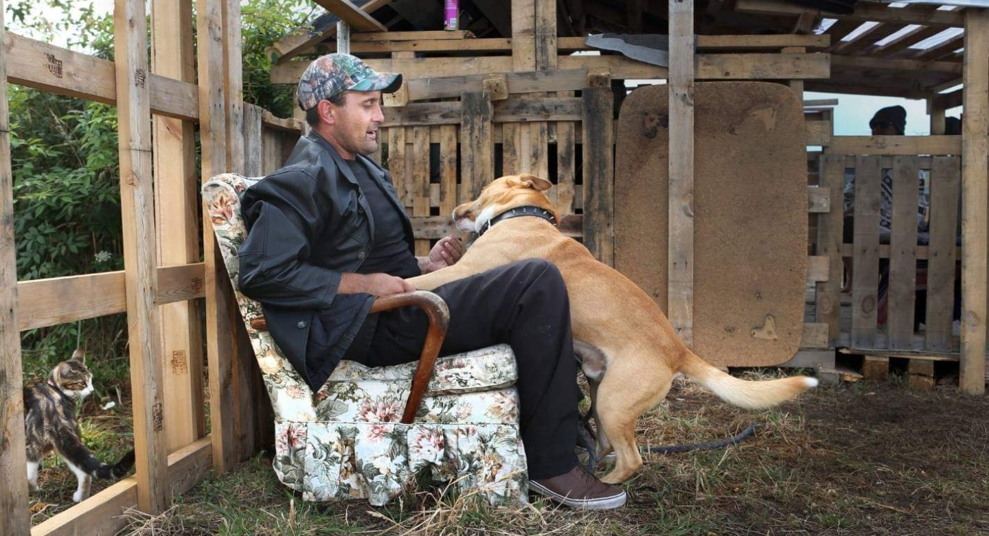 Local homeless guy built a shelter for his dog and his friends to keep