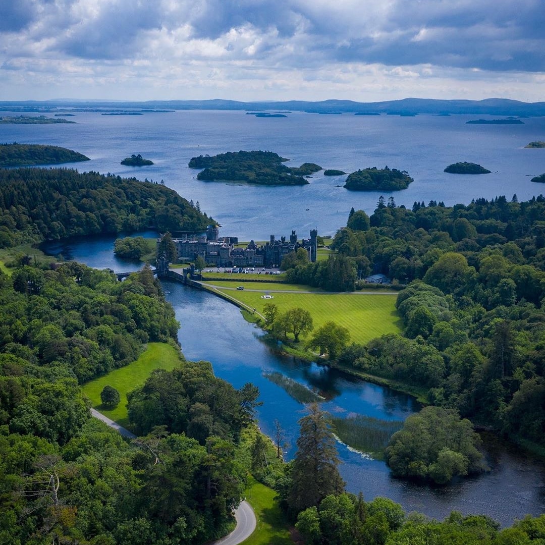 Stunning aerial photo of Ashford Castle on the shores of Lough Corrib