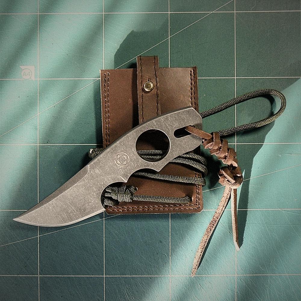 Neck knife SUJ2 steel (52100) with leather sheath and leather lanyard
