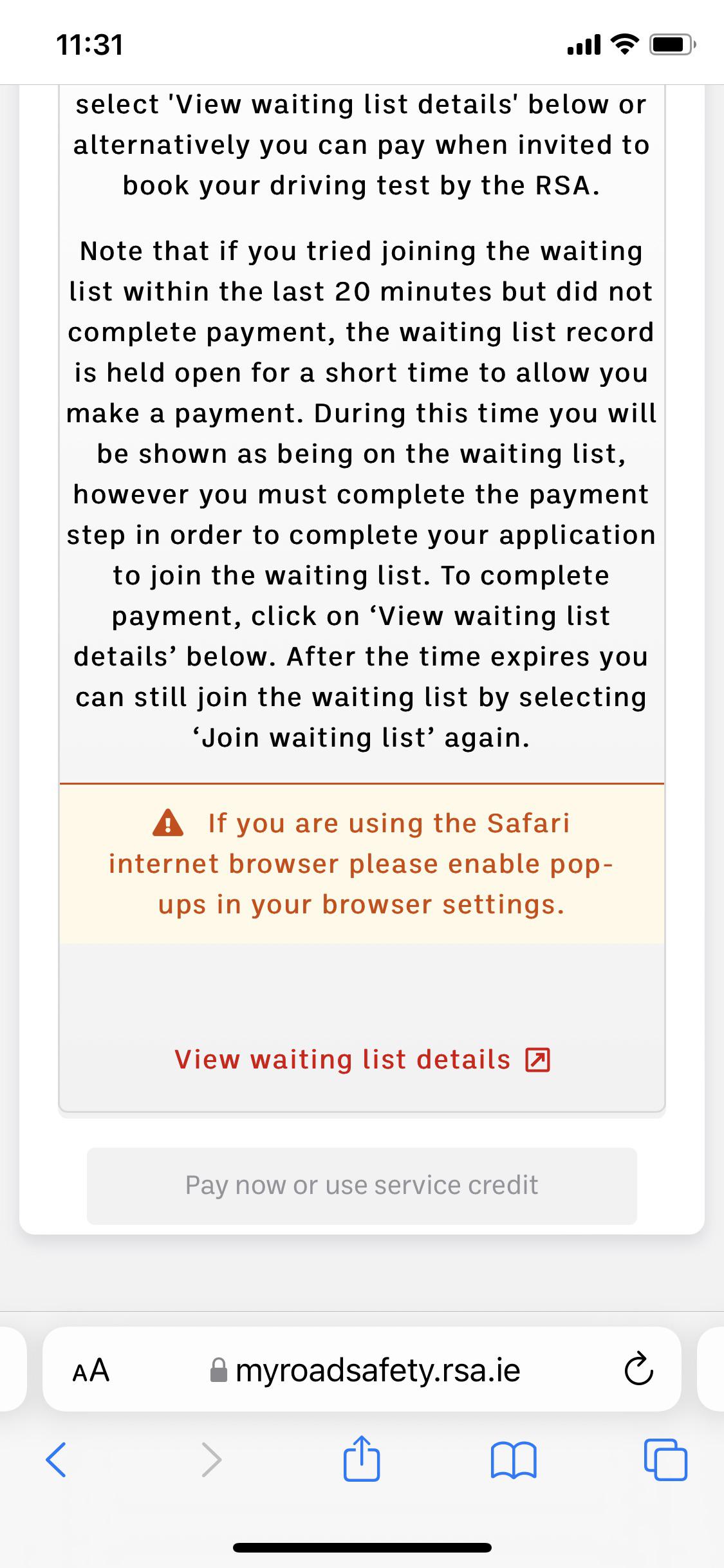 I finally received my driving test invitation but the RSA page doesn’t