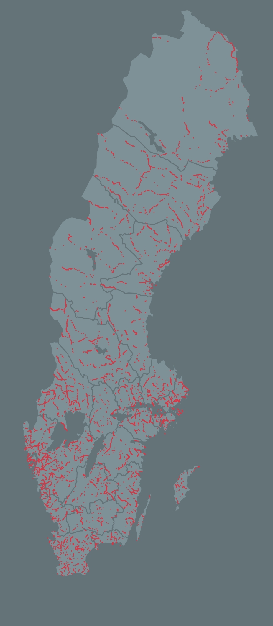 A map of all the dangerous small roads in Sweden were the speed limit