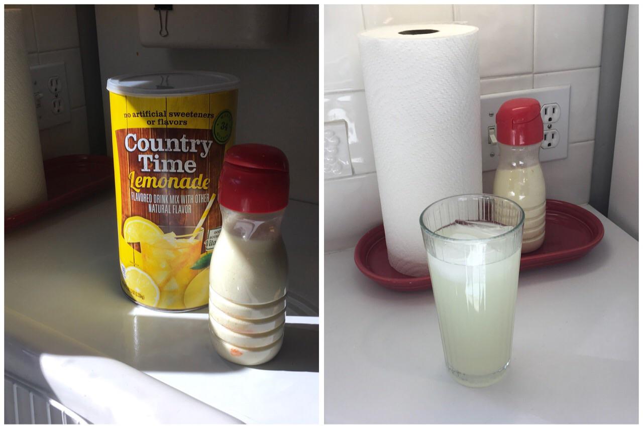 I fill an old coffee creamer container with lemonade powder and keep it