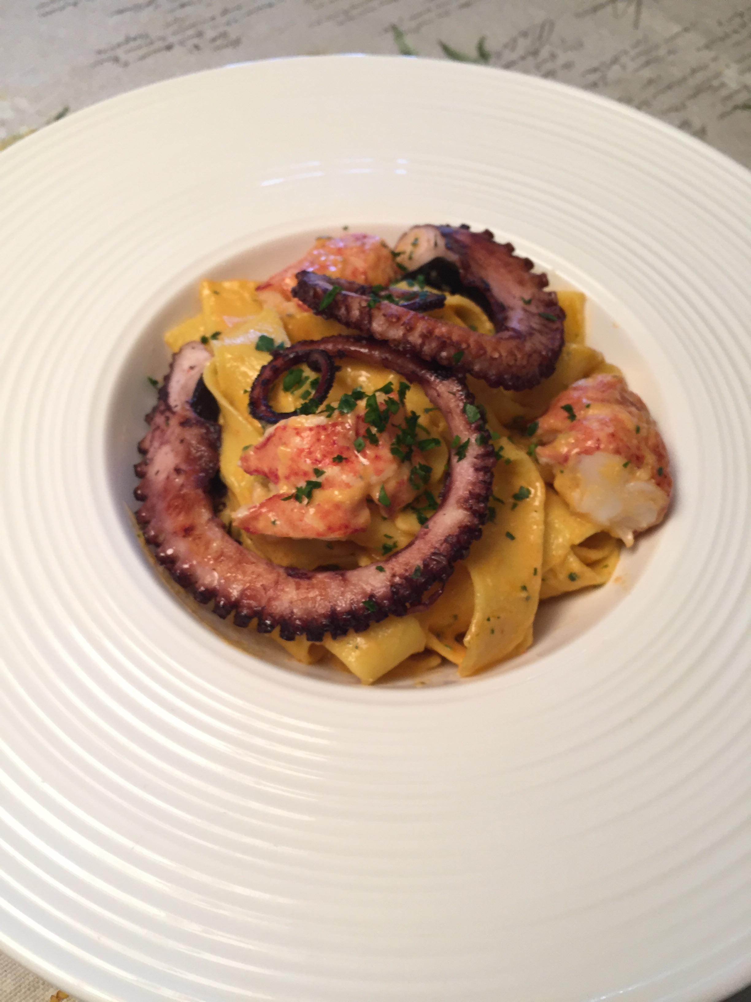 [Homemade] handmade pasta in lobster bisque sauce with octopus and