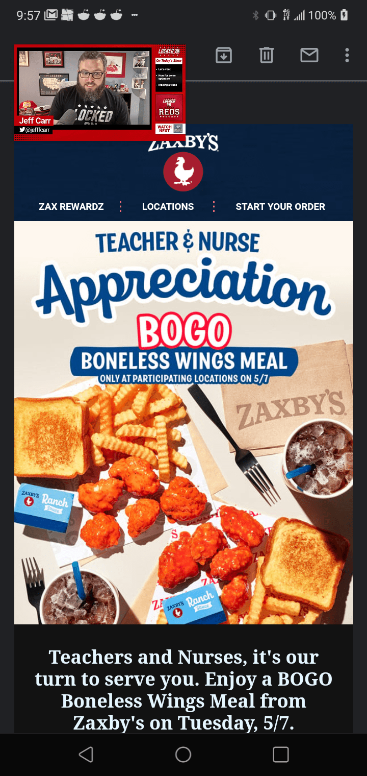 Zaxby's Teacher & Nurse Appreciation BOGO Boneless Wings Meal App or