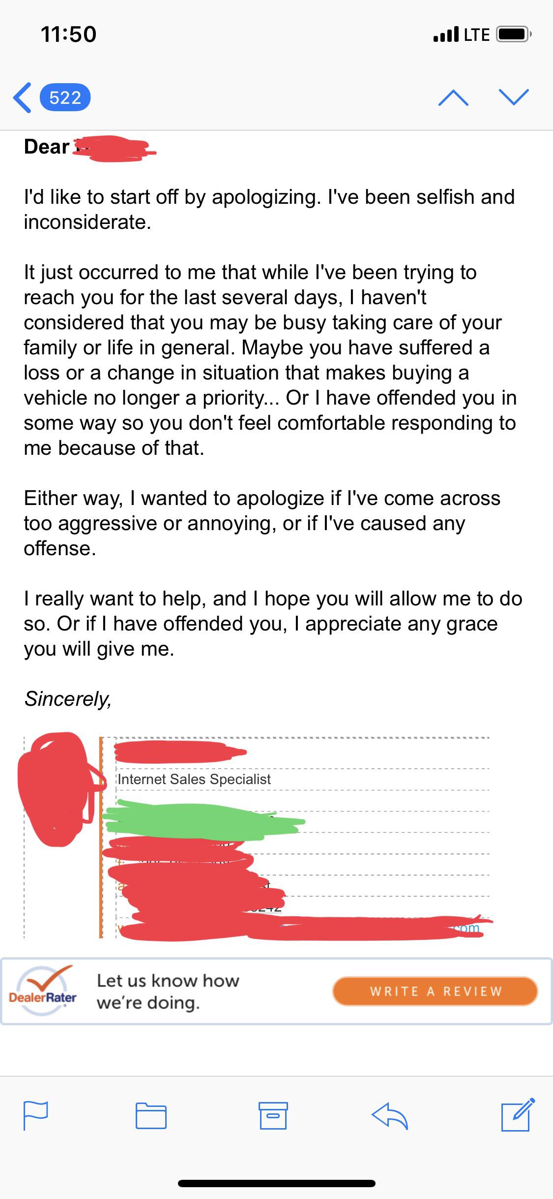 Weird local car sales tactic. Literally spoke to this person one time