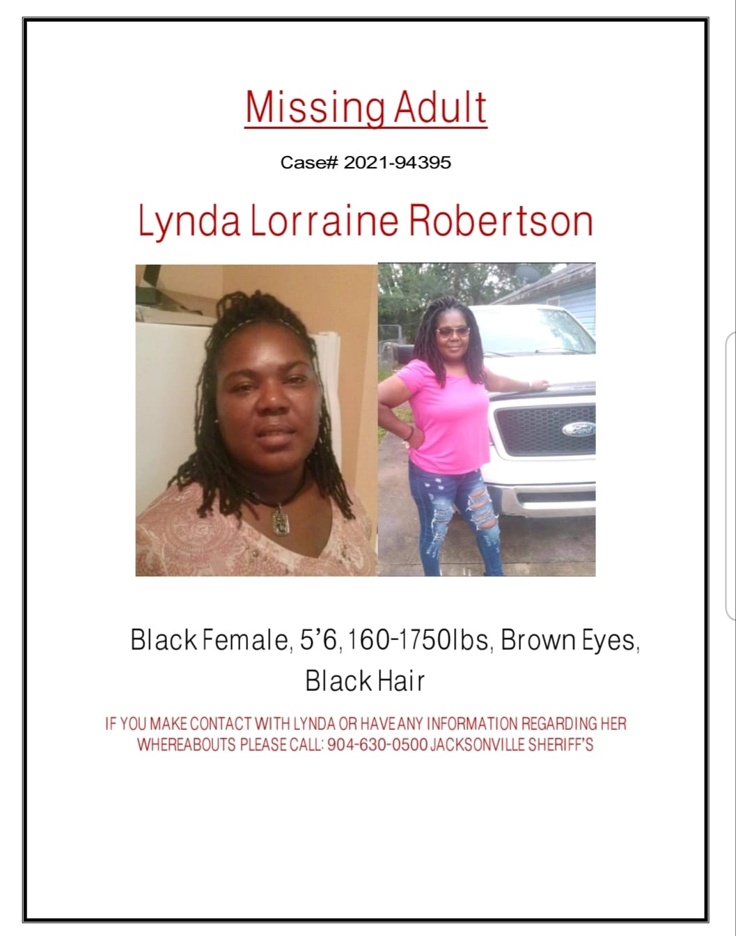 Missing Person Lynda Lorraine Robertson Her vehicle was found in the