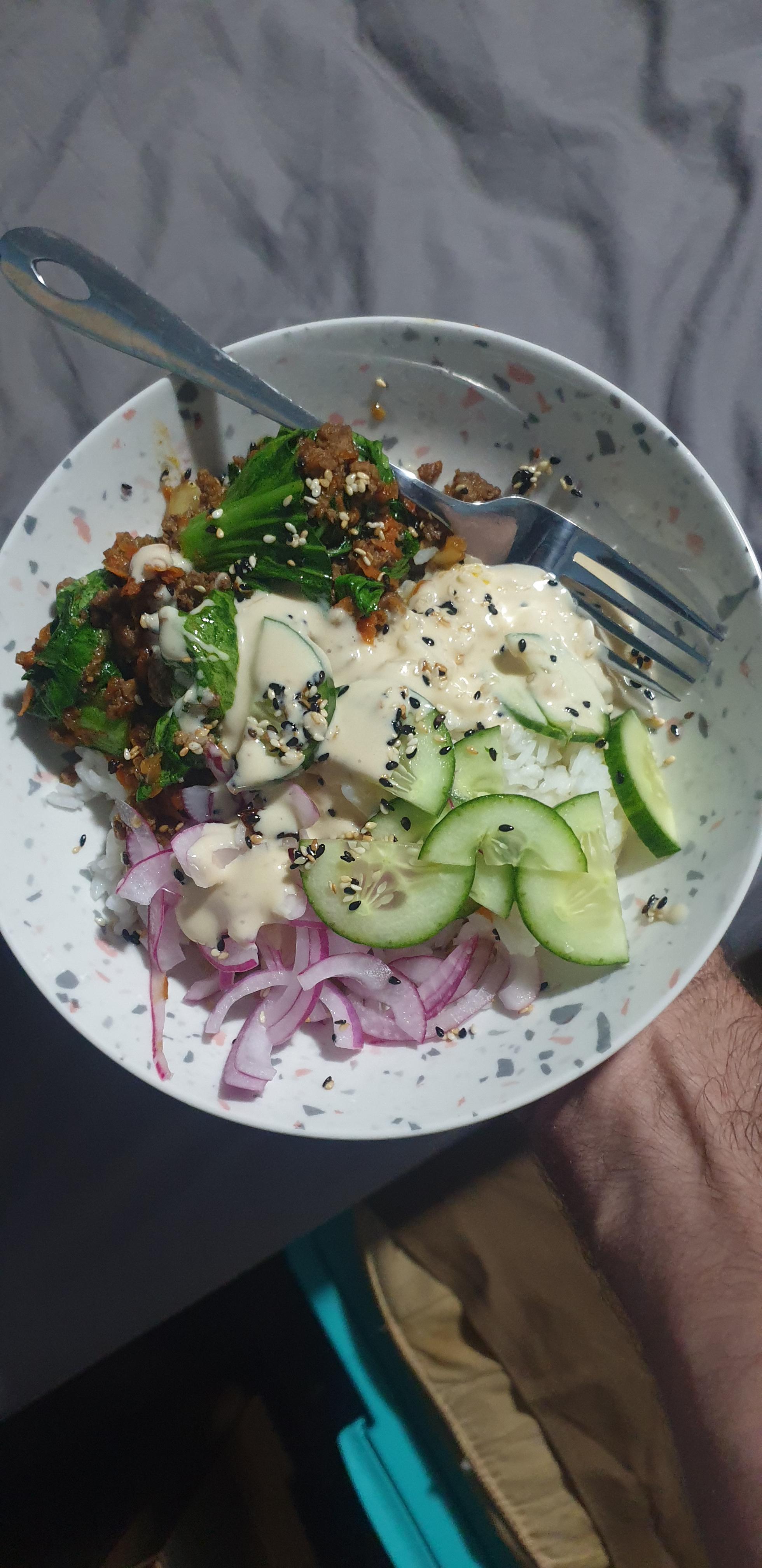Japanese beef rice bowl with pickles onion and Japanese Mayo. Made from