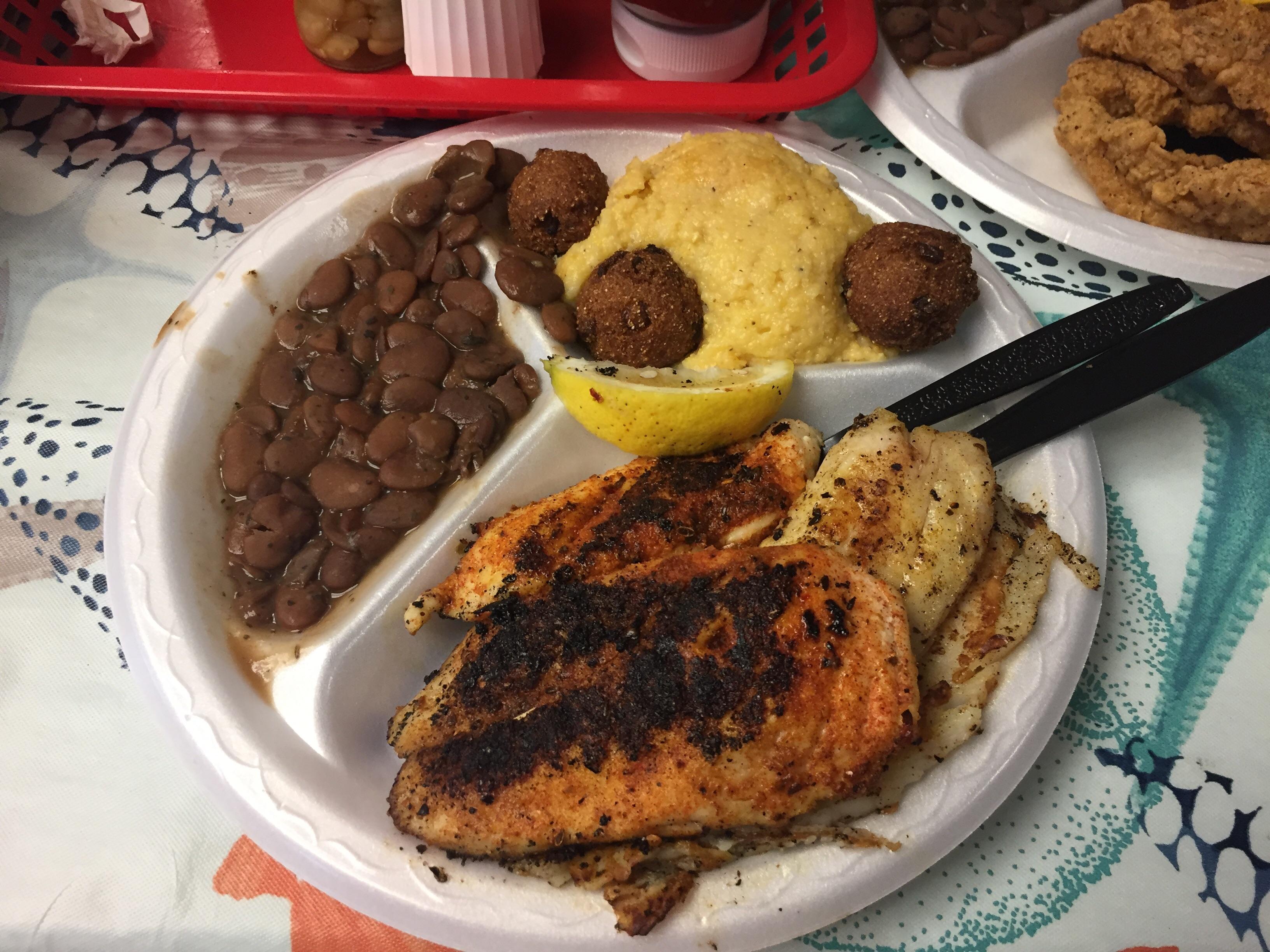 [I ate] grilled flounder, blackened snapper, grilled tilapia, cheesy