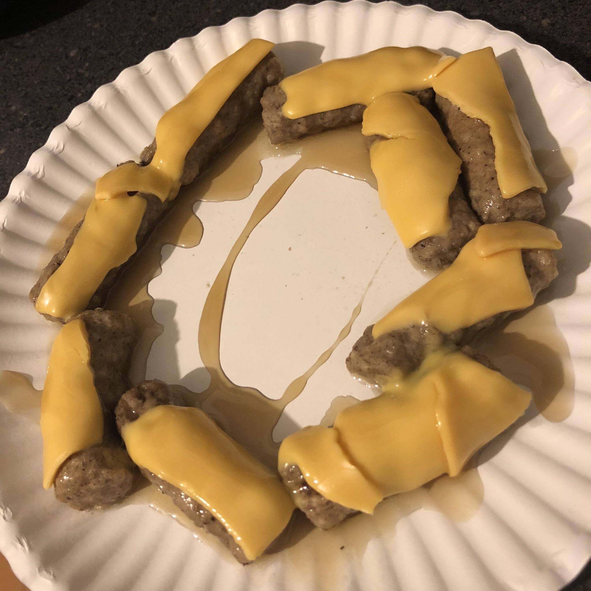 Microwaved sausage, plastic wrap cheese, and store brand syrup r