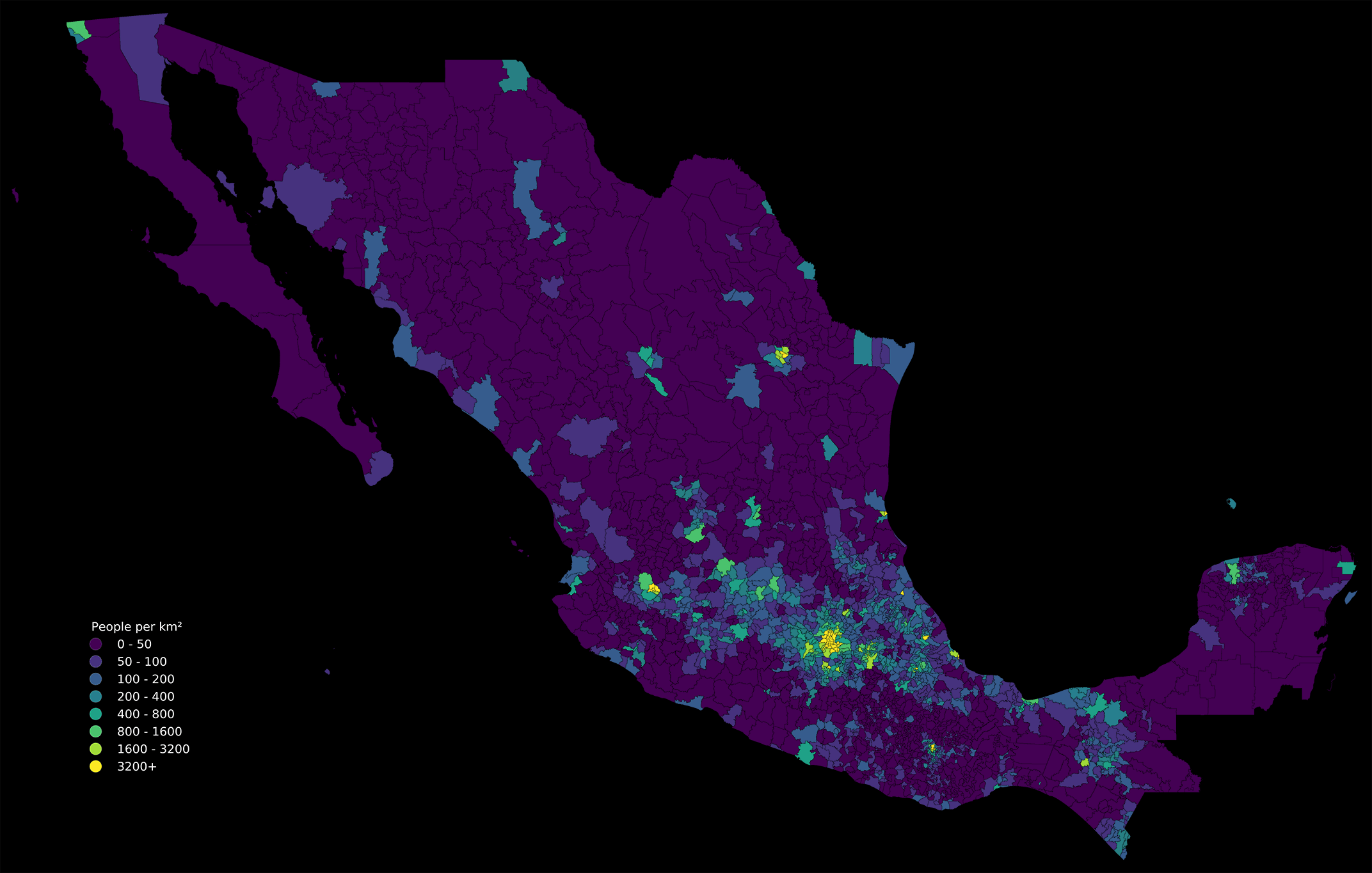 Densidad poblacional por municipio en México [2144 x 1365] [OC