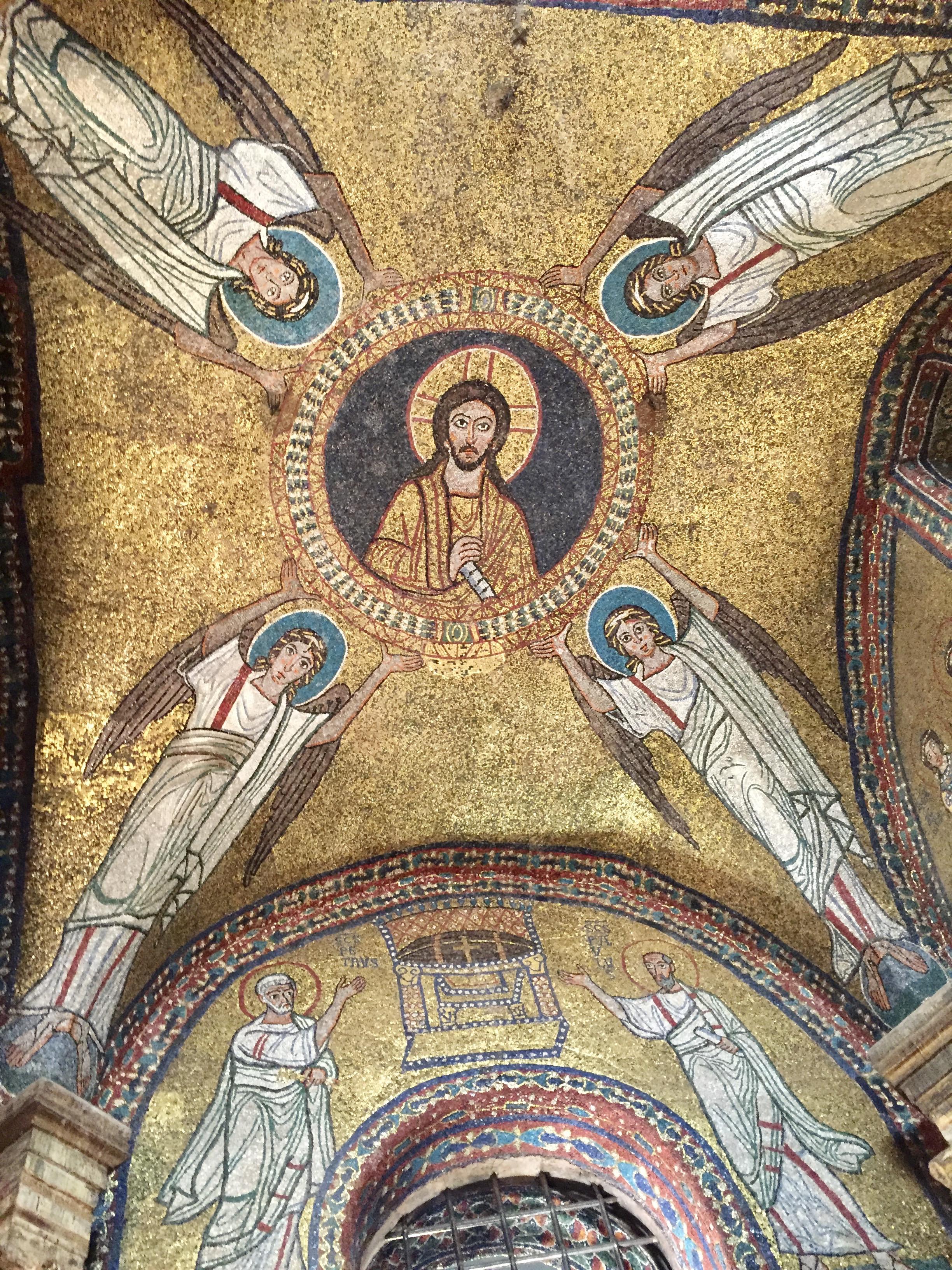 Vault mosaic of Christ, supported by angels, in the funerary Chapel of