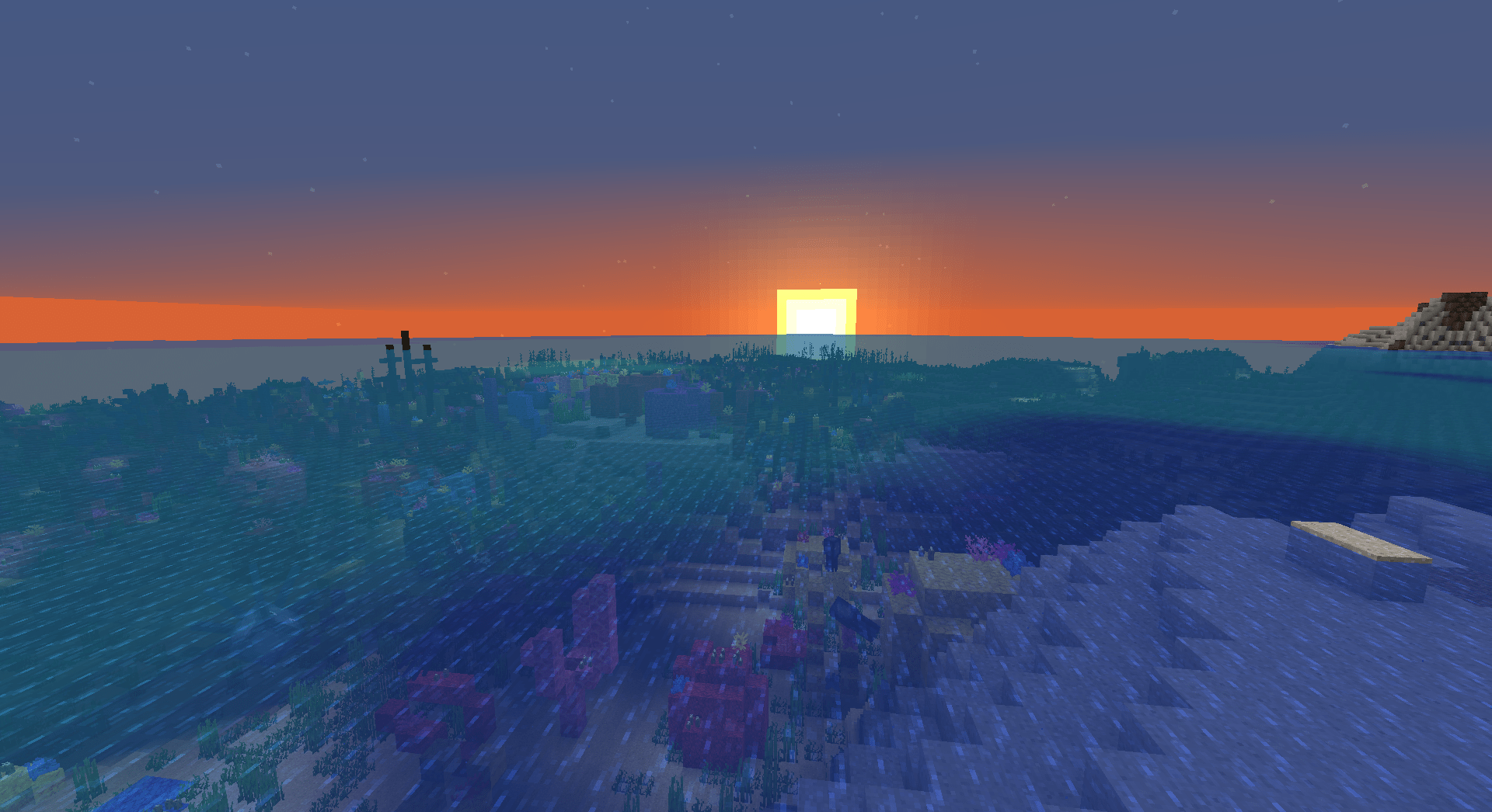 A beautiful sunset with the new ocean colours (Snapshot 18w15a) Minecraft