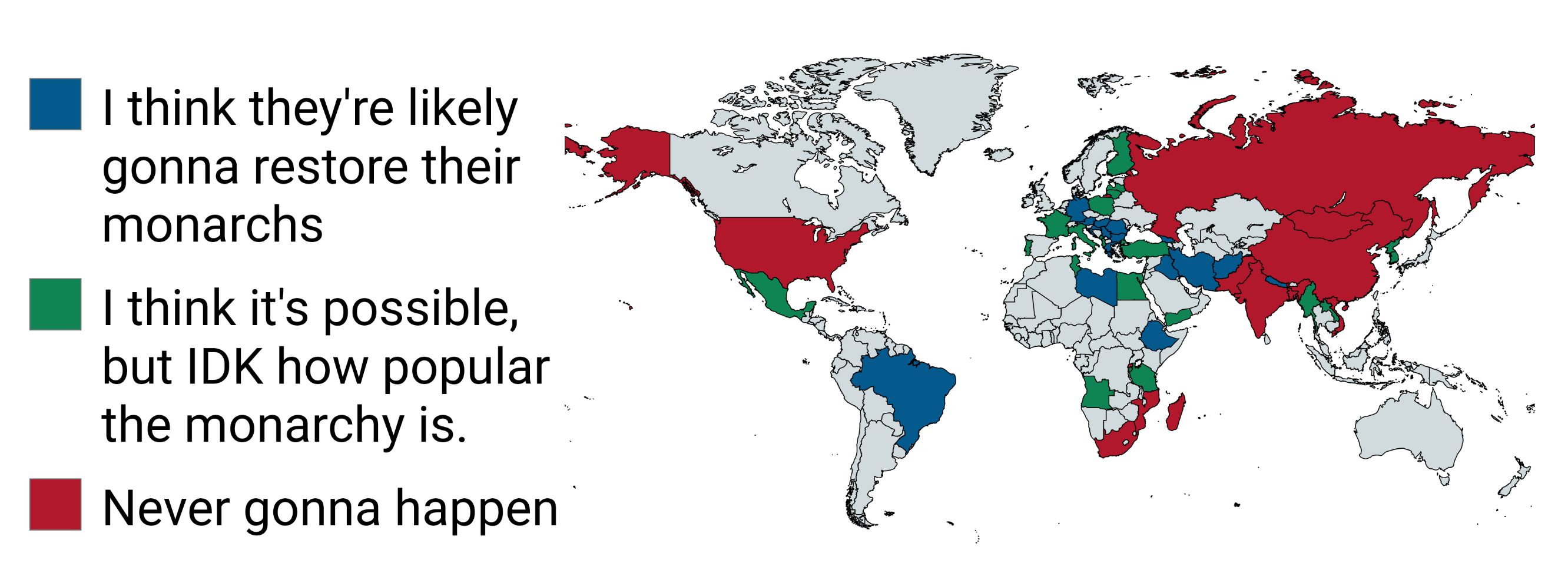 Popularity of Monarchies by country (In my opinion) r/monarchism