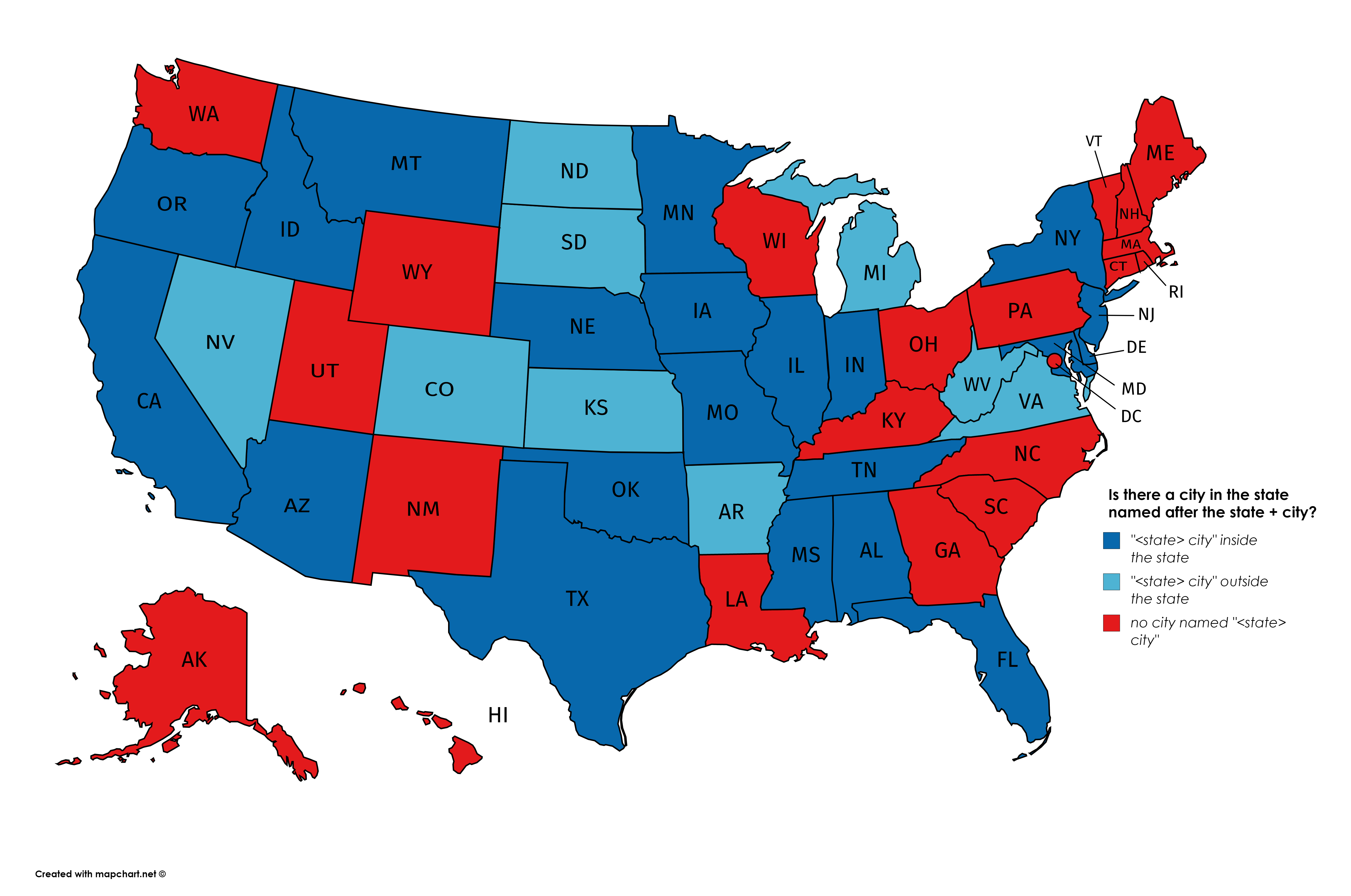 [OC] A map showing which states have cities named after them + city at the end. e.g. Oklahoma