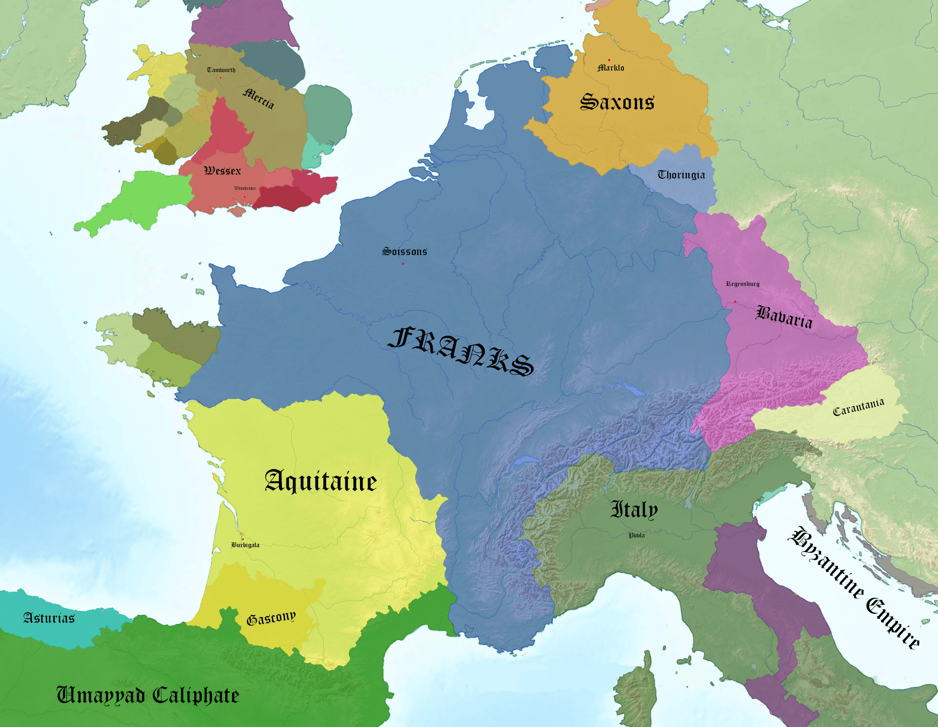 Western Europe AD 742 The year Charlemagne was born [1920x1489] r