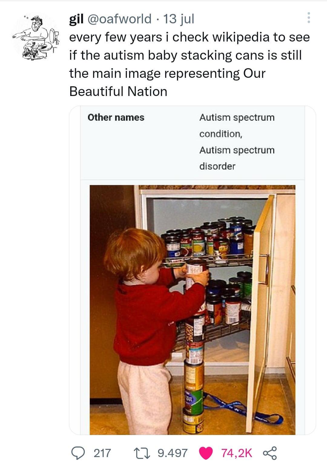 “If the Autism baby stacking cans is still the main image representing