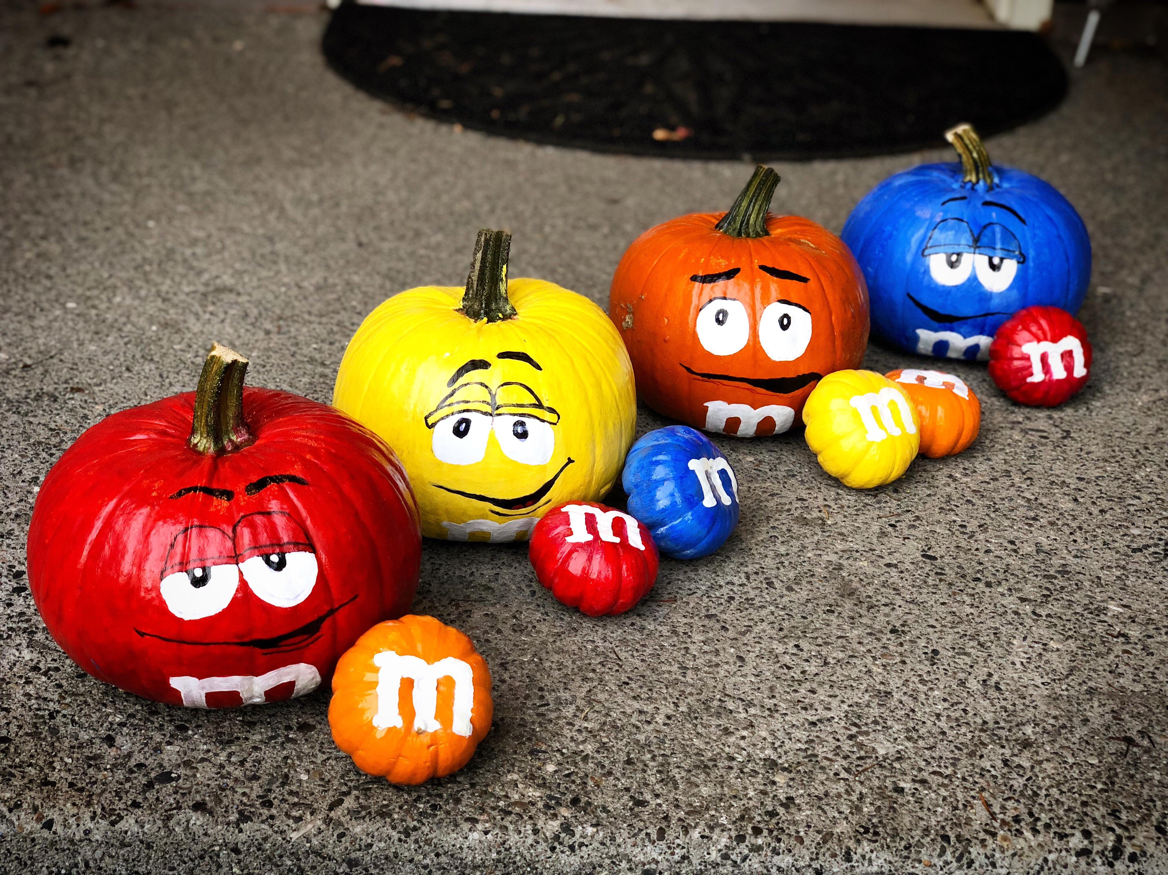 Went the nocarve route and painted m&m pumpkins for Halloween this
