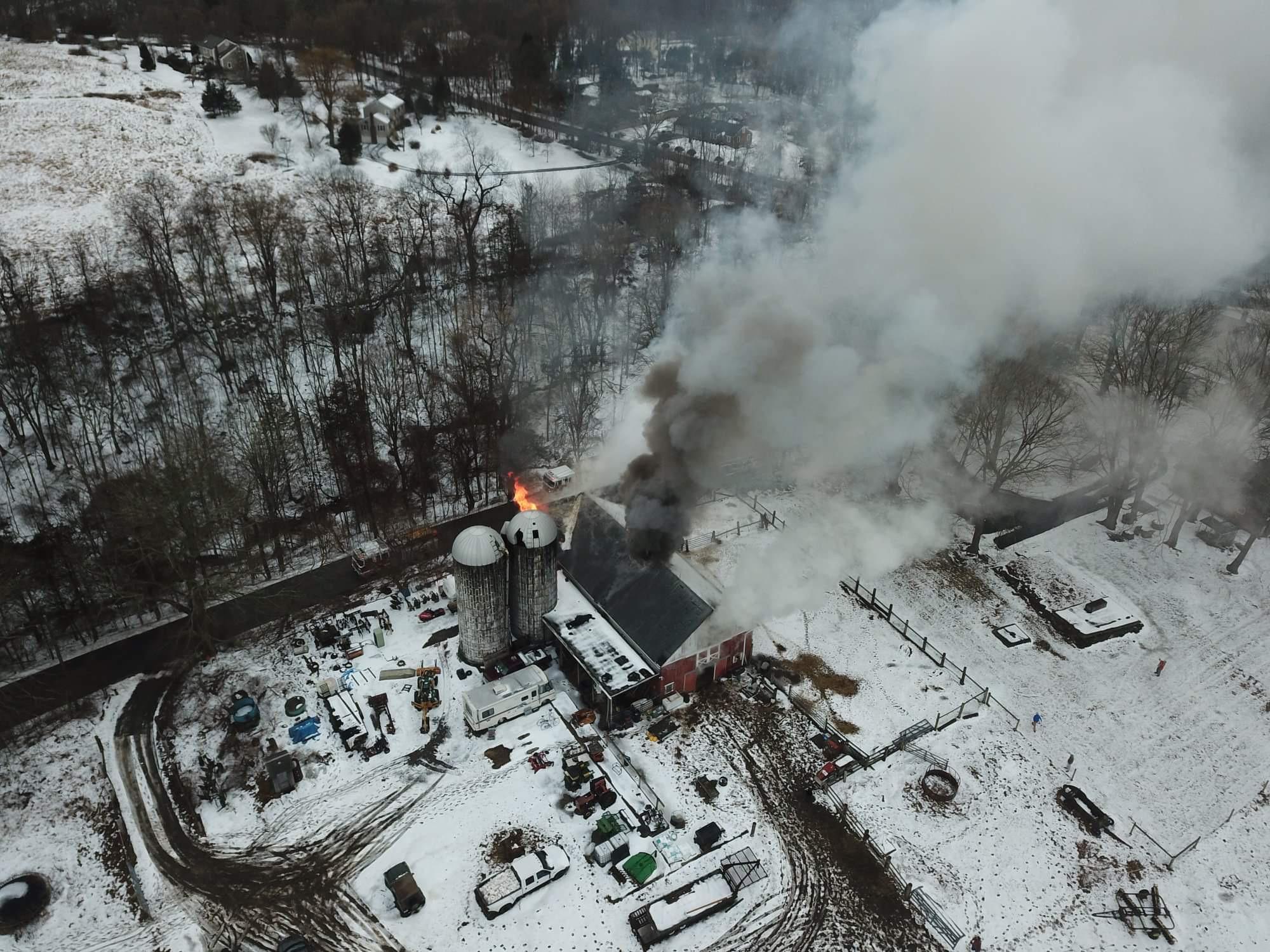 Barn fire in New Milford. All the animals were safe, except for two