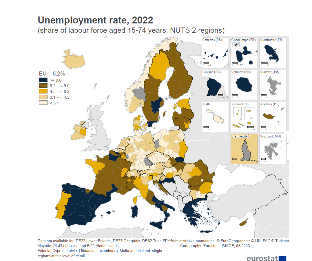 Regional unemployment rate in Europe in 2022 r/europe