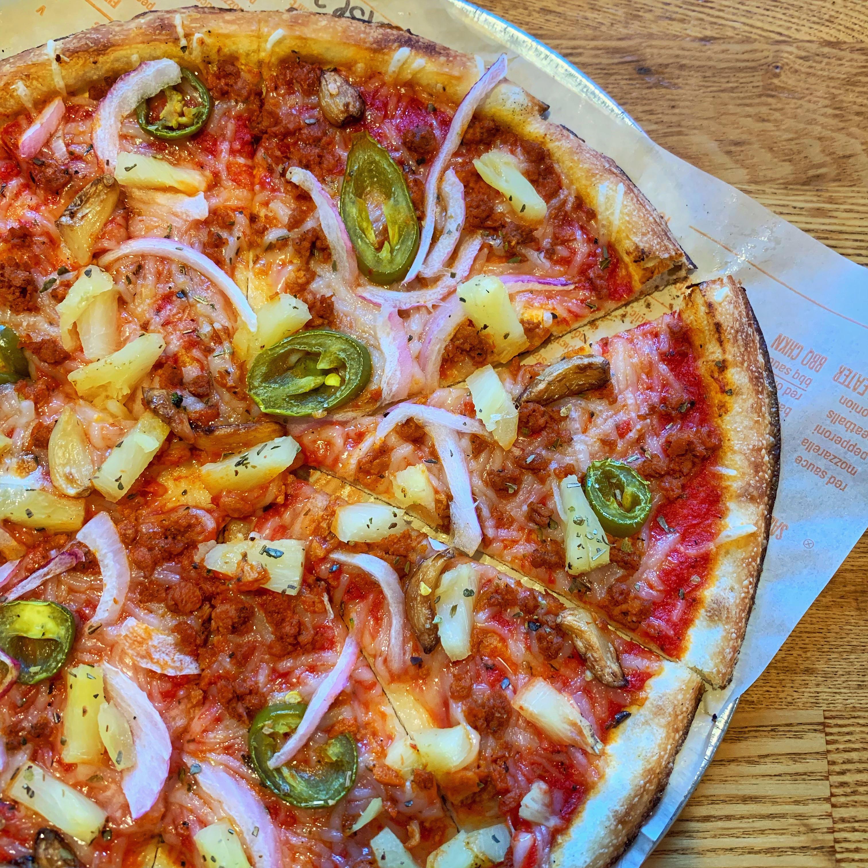 Vegan Pizza from Blaze Pizza. Spicy Vegan Chorizo, Jalapeños, Pineapple