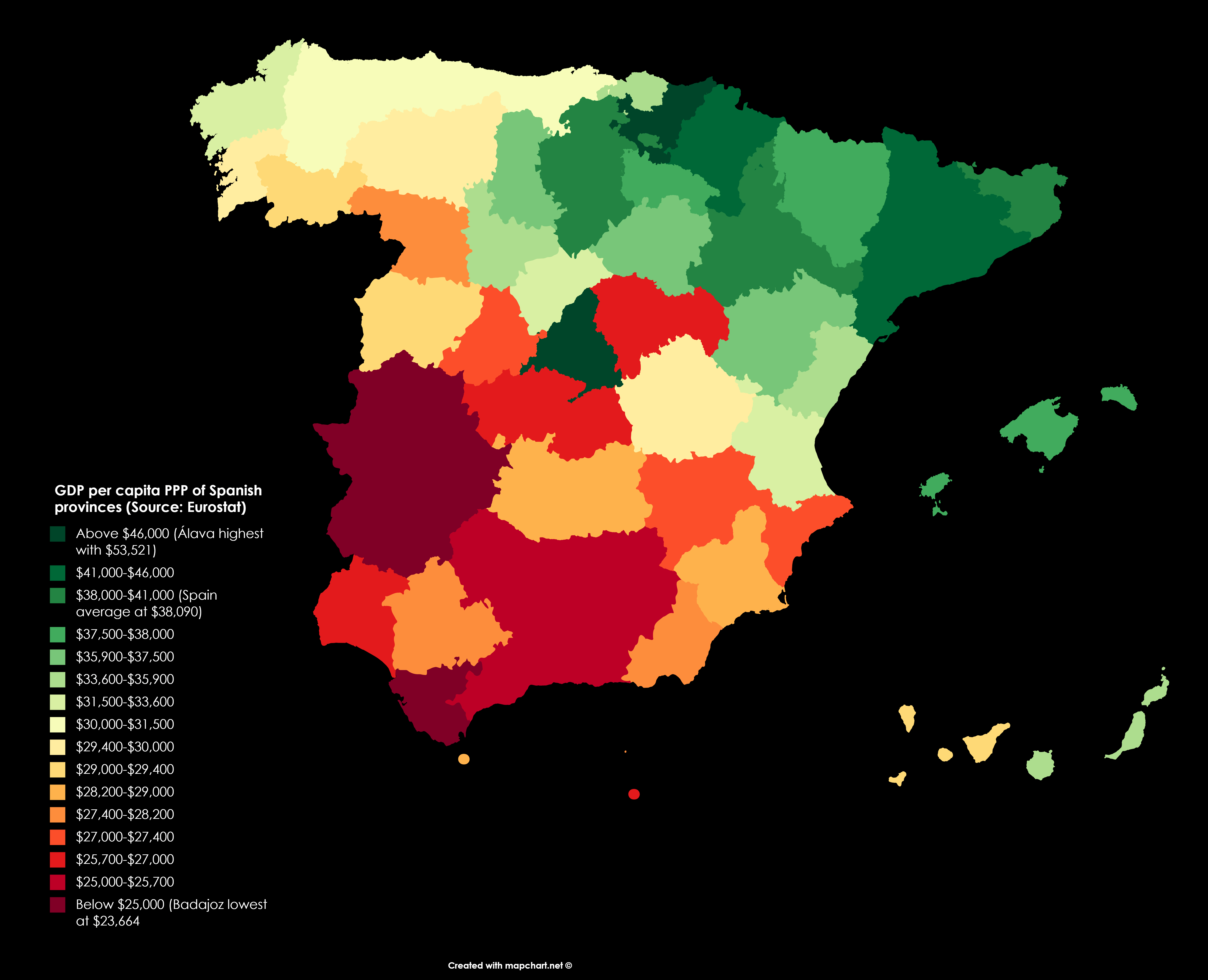 GDP per capita PPP of Spanish provinces (Source Eurostat) r/europe