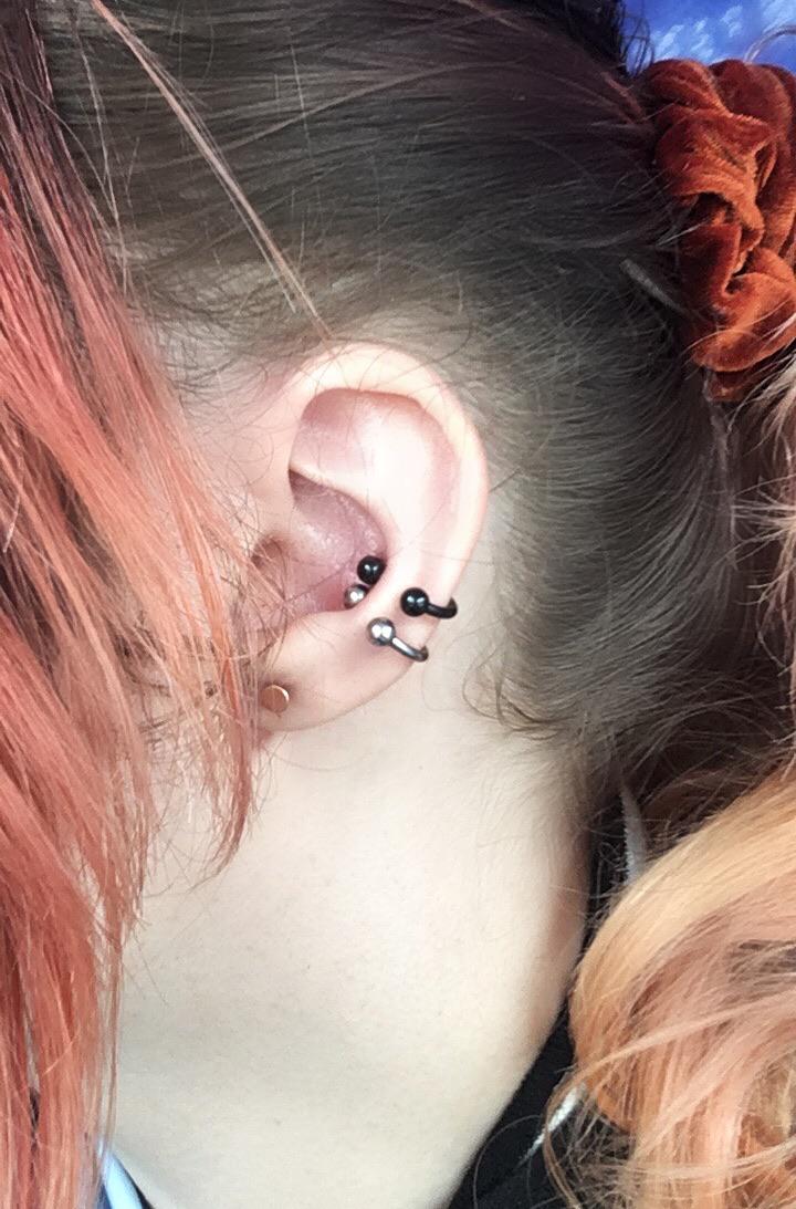 Double conch with 14g horseshoe / circular barbell r/piercing