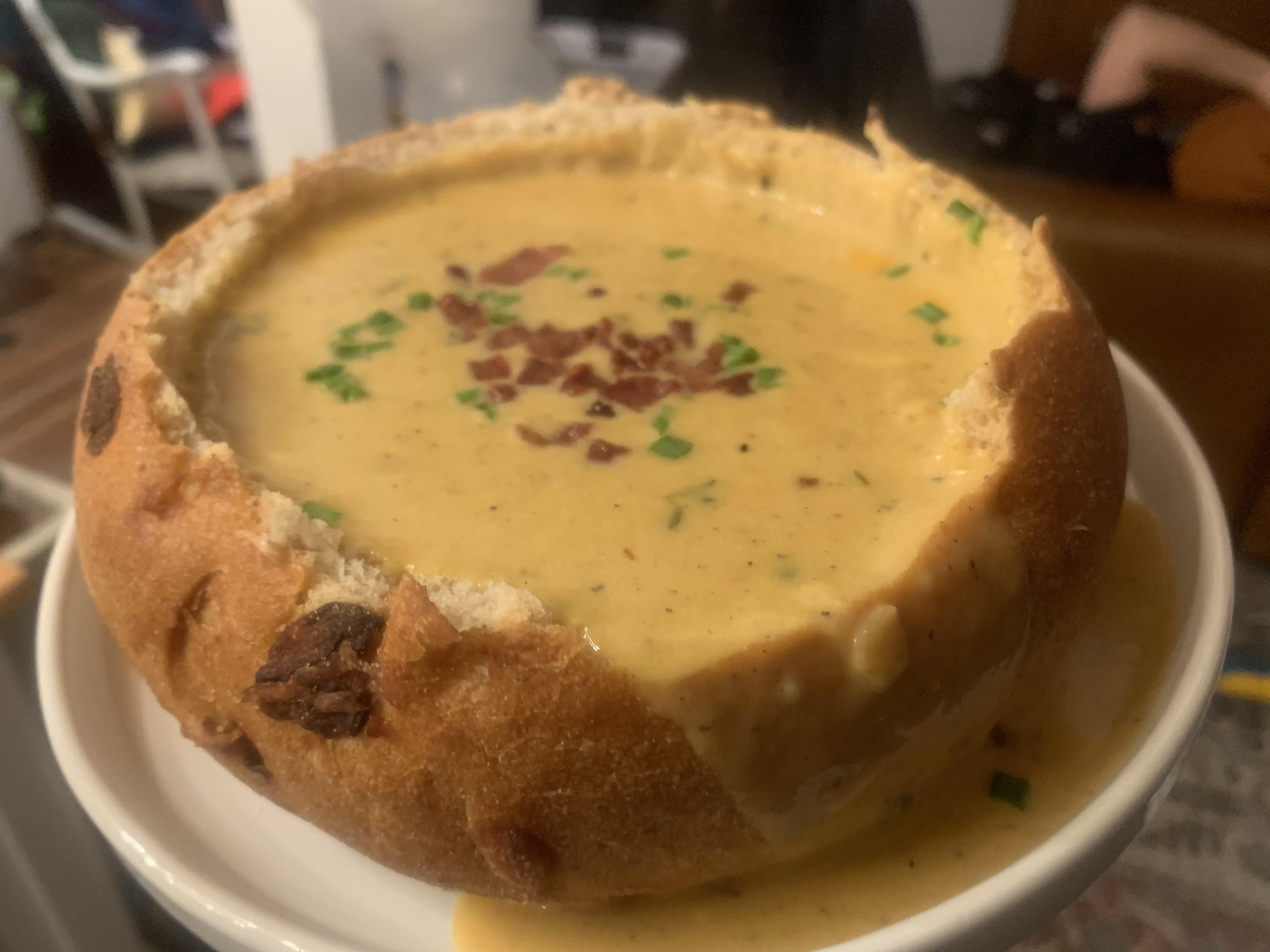 Homemade beer cheese soup in a bread bowl... perfect for cozy nights