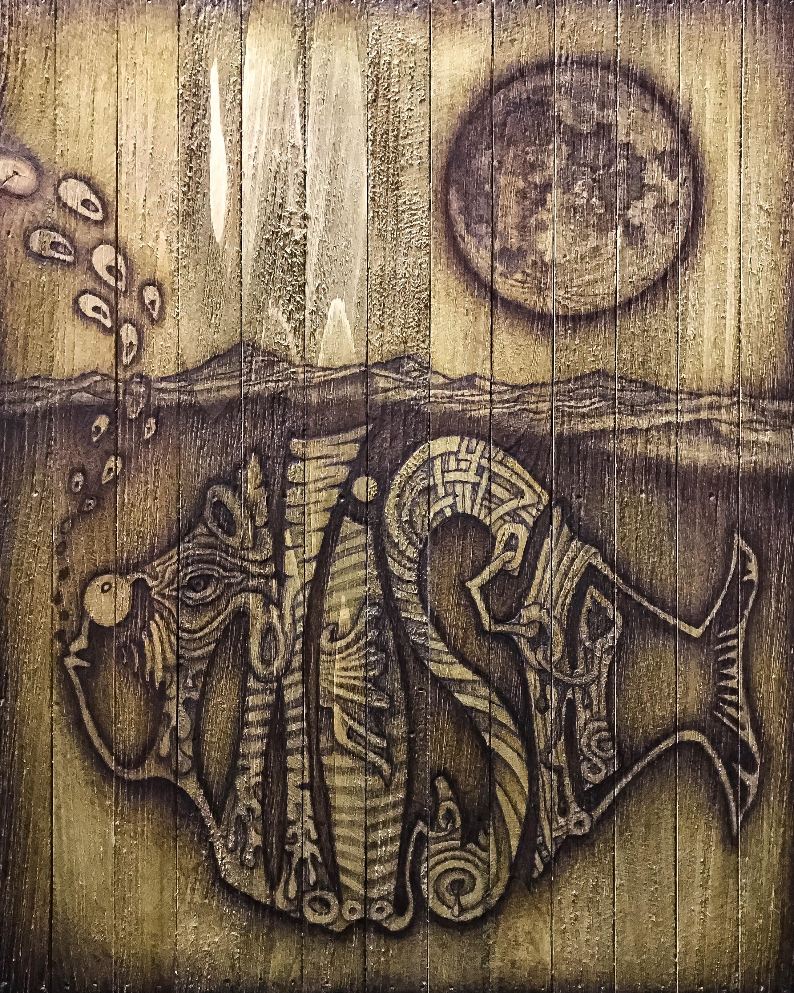 "Phish Under Water", wood burning pen, 16x20in r/Art