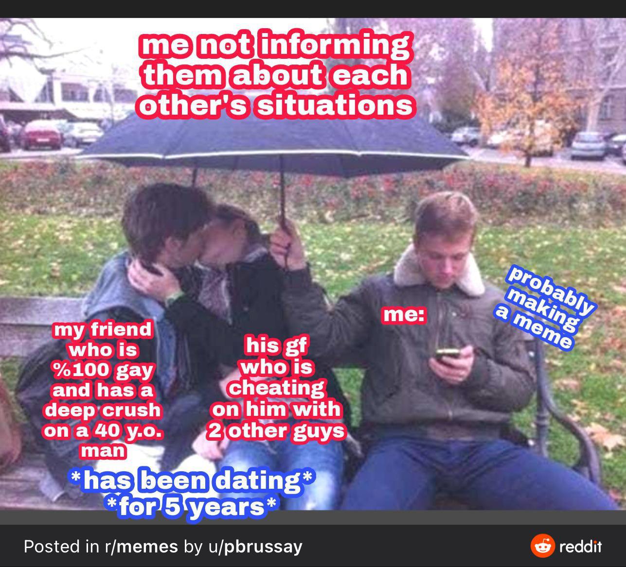 Guy on phone holding umbrella over kissing couple r/MemeTemplatesOfficial