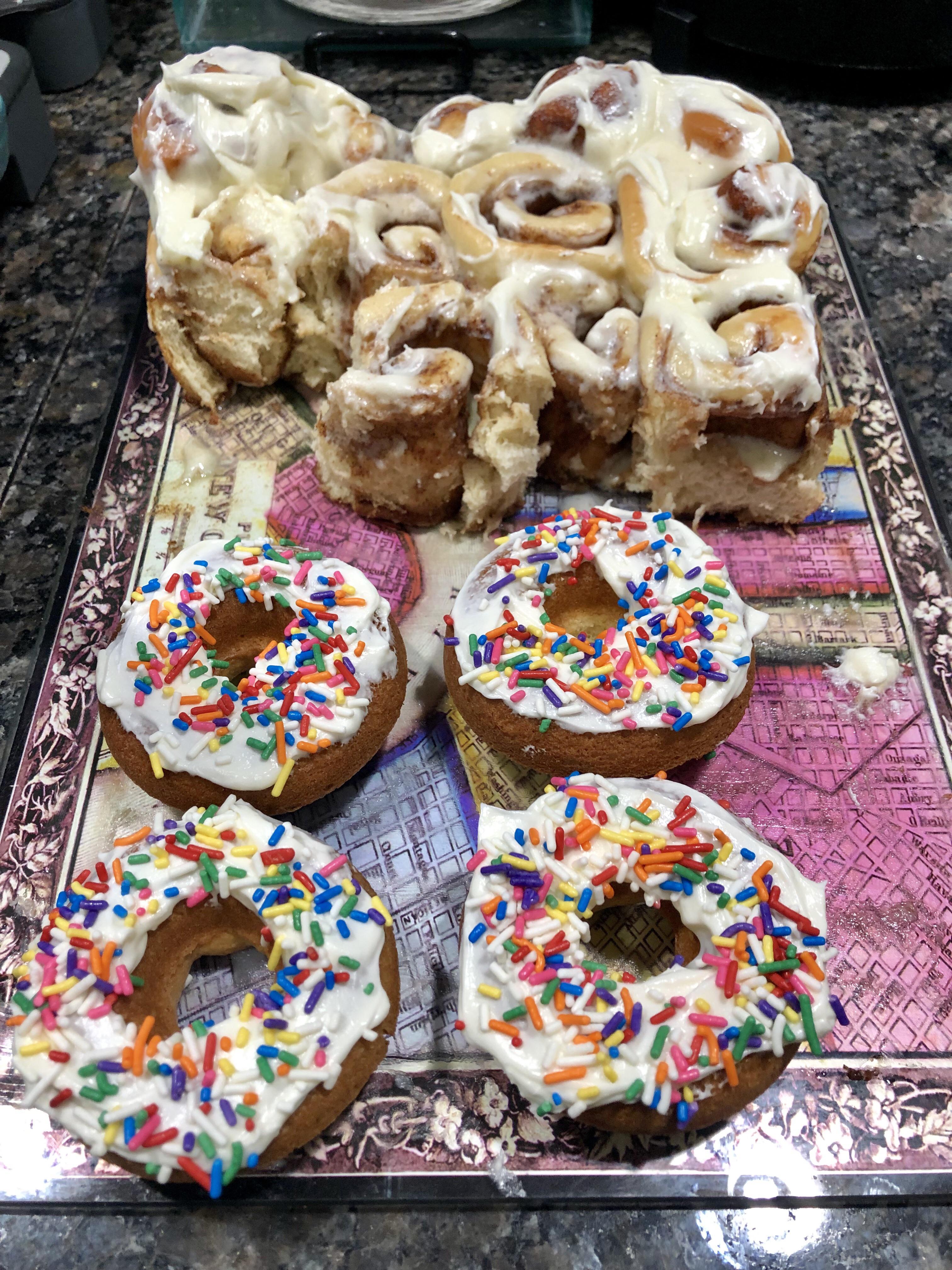 What’s left of the King Arthur soft cinnamon rolls and baked donuts! r/Baking