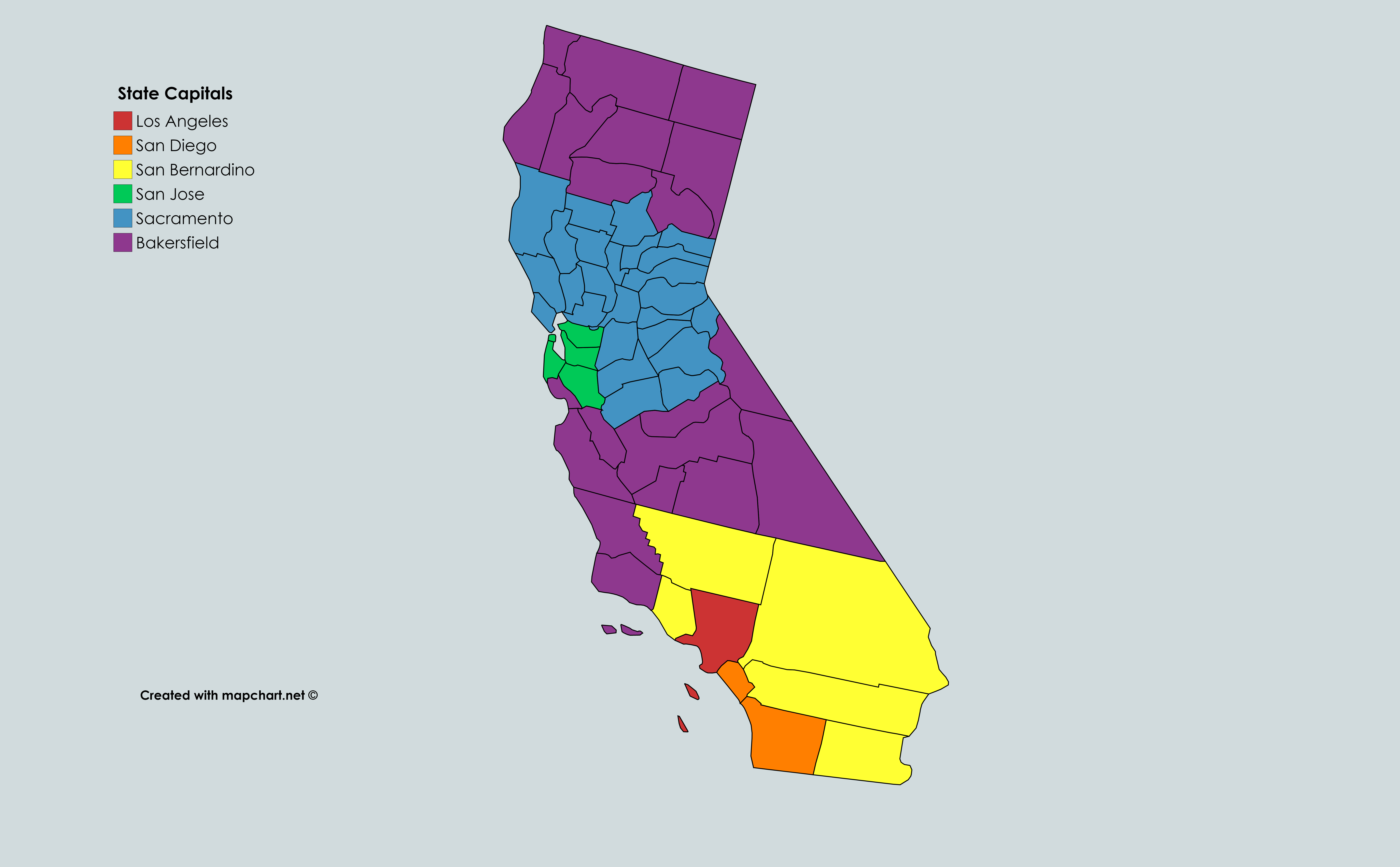 California divided into 6 different states, all with the same population except for Bakersfield
