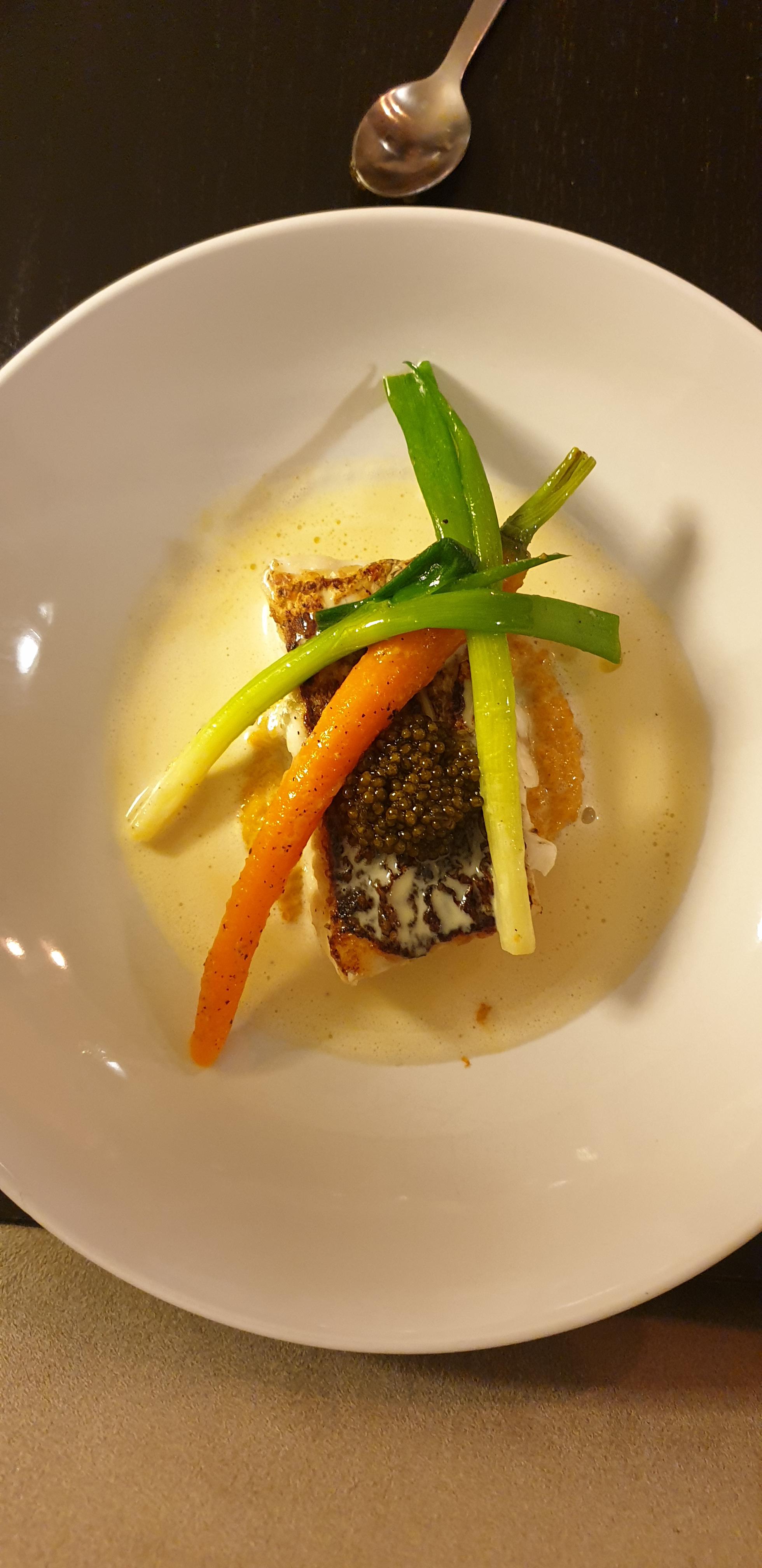 Skin fried whiting, sauce nage, baked carrot puree, carrot, spring