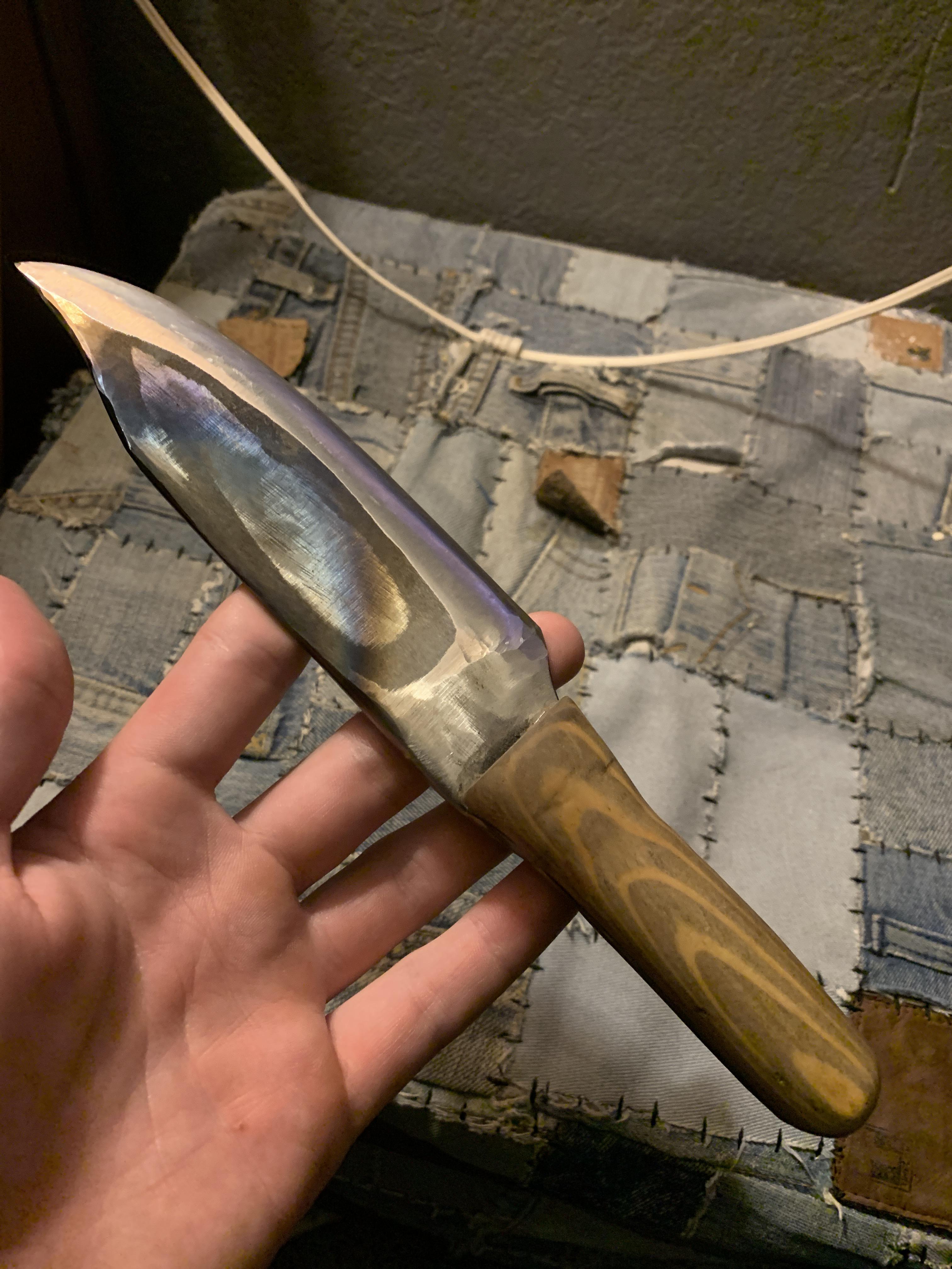 My first knife, a Bowie from a Leaf Spring, Y’all like? r