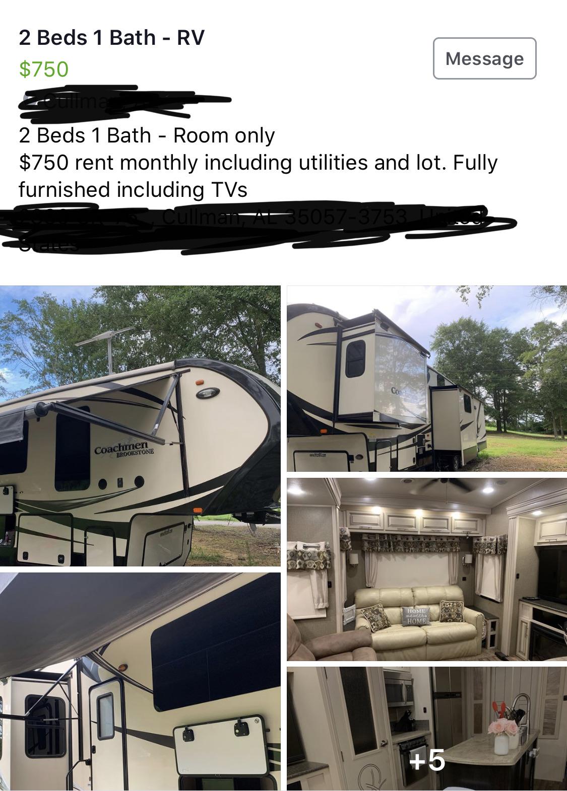 FB market place. 750 for ONE ROOM in shared camper r