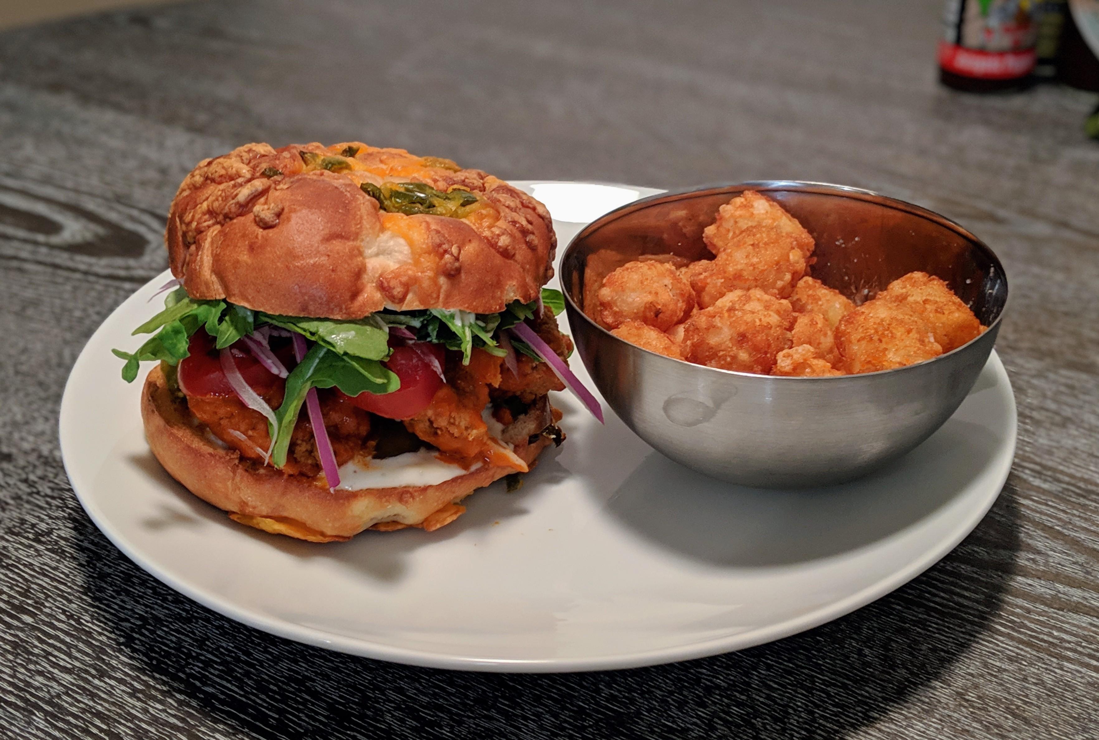 Homemade Buffalo Fried Chicken Sandwich and Tots r/FoodPorn