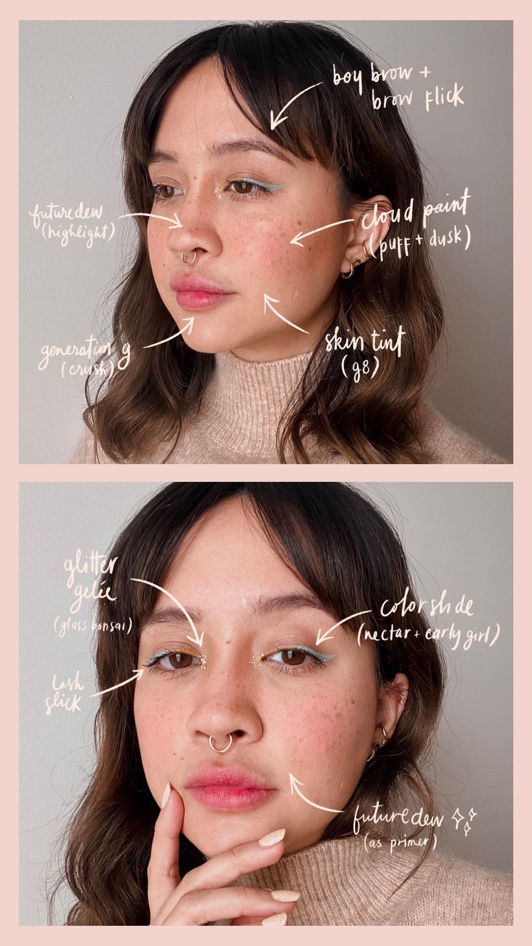 A face chart of one of my favorite full face Glossier looks r/glossier