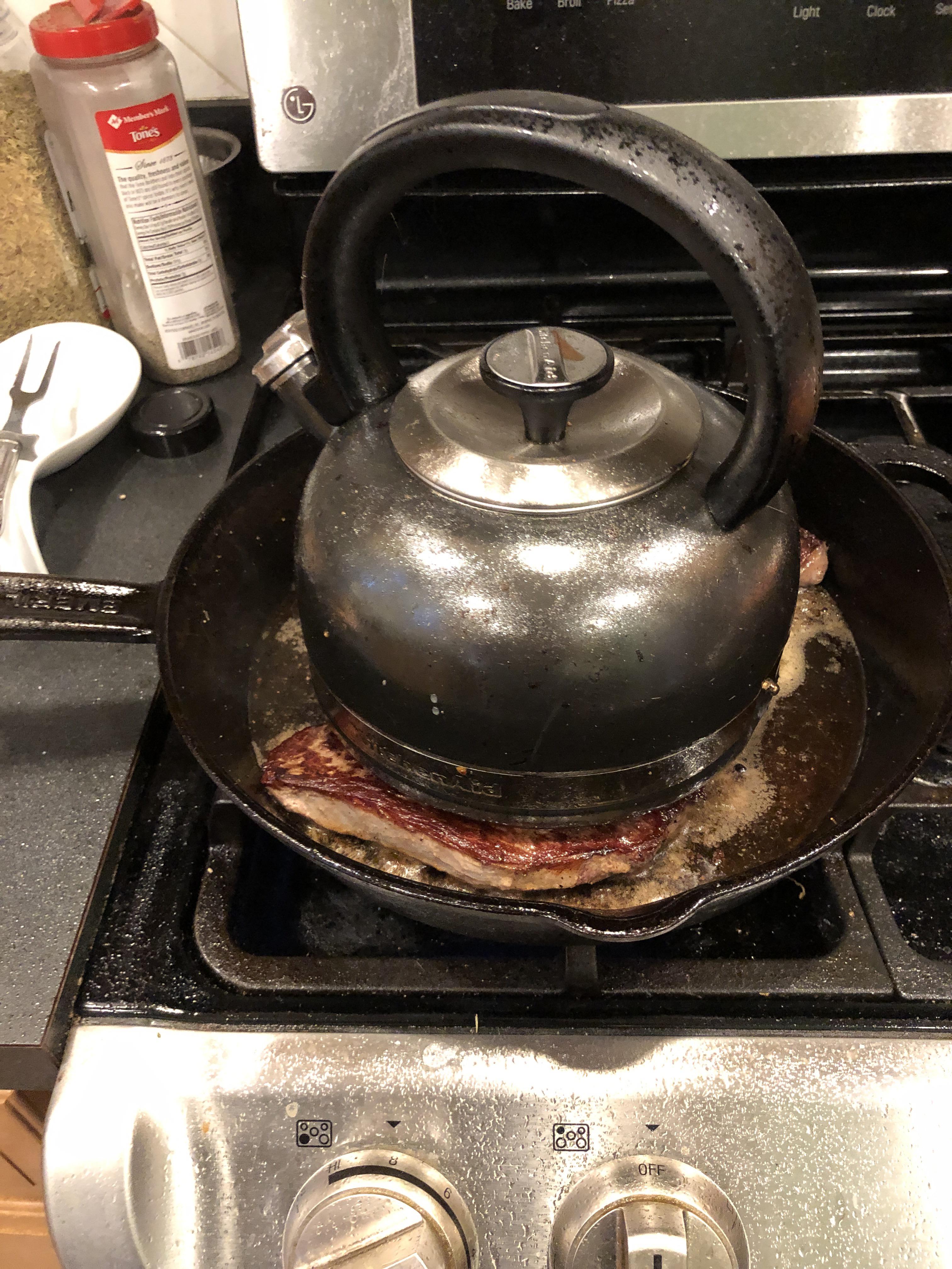 I see your double cast iron method and raise you my tea kettle r/castiron